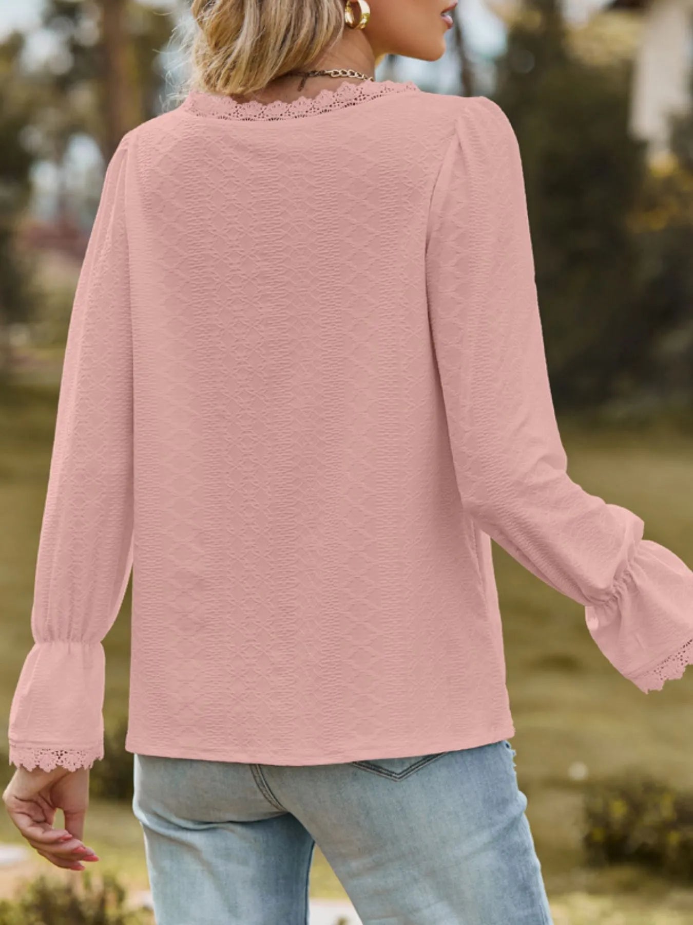 Lace Trim V - Neck Blouse with Flounce Sleeves designed for comfort and style at Lookzlike