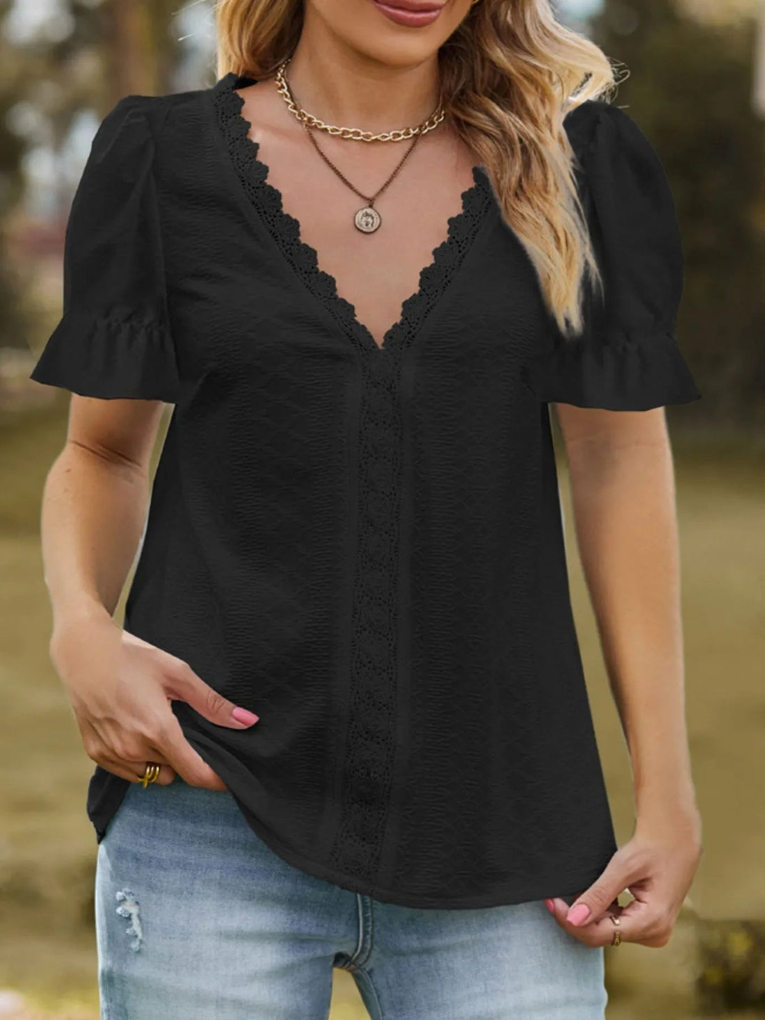 Lace Trim V - Neck Puff Sleeve Blouse designed for comfort and style at Lookzlike