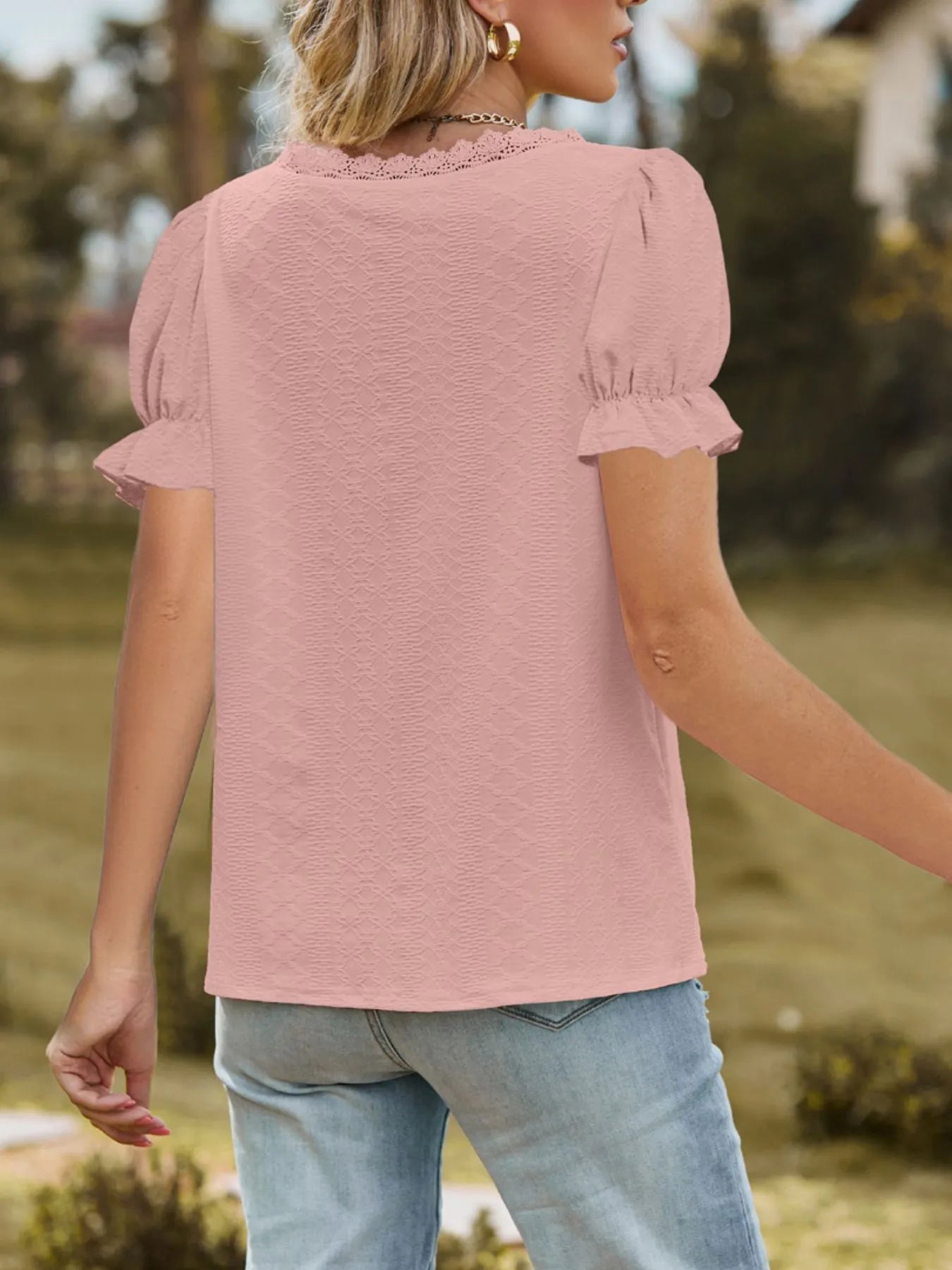 Lace Trim V - Neck Puff Sleeve Blouse designed for comfort and style at Lookzlike