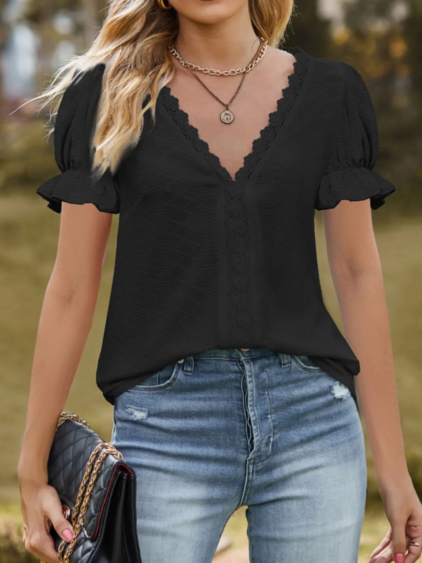 Lace Trim V - Neck Puff Sleeve Blouse designed for comfort and style at Lookzlike