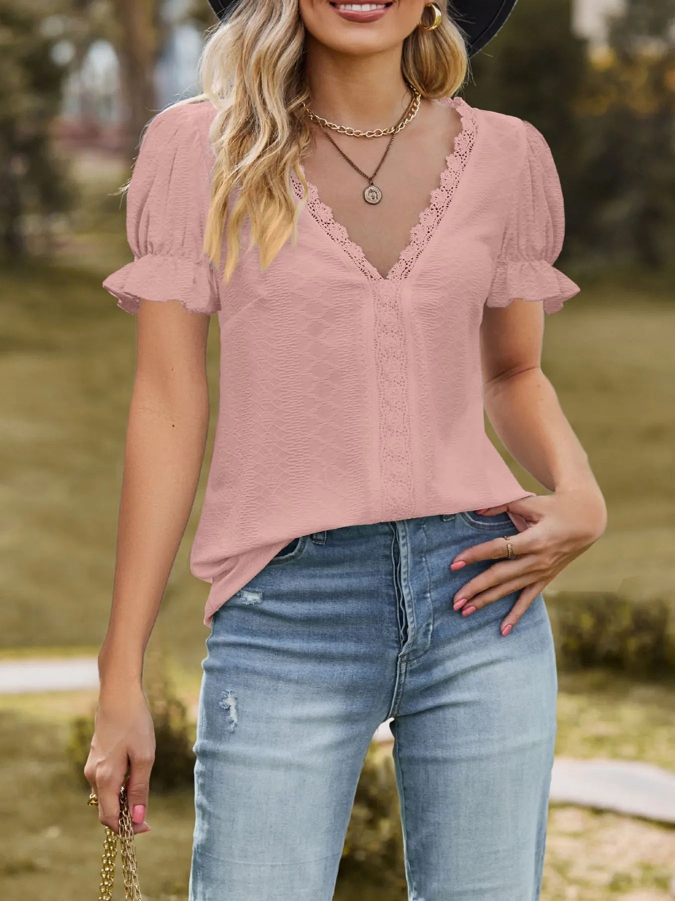 Lace Trim V - Neck Puff Sleeve Blouse designed for comfort and style at Lookzlike