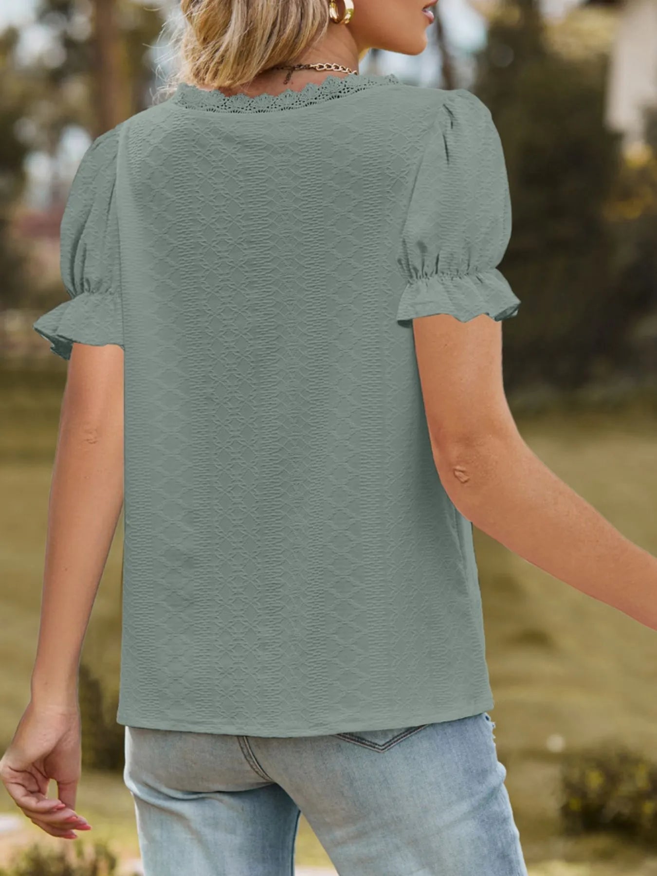 Lace Trim V - Neck Puff Sleeve Blouse designed for comfort and style at Lookzlike