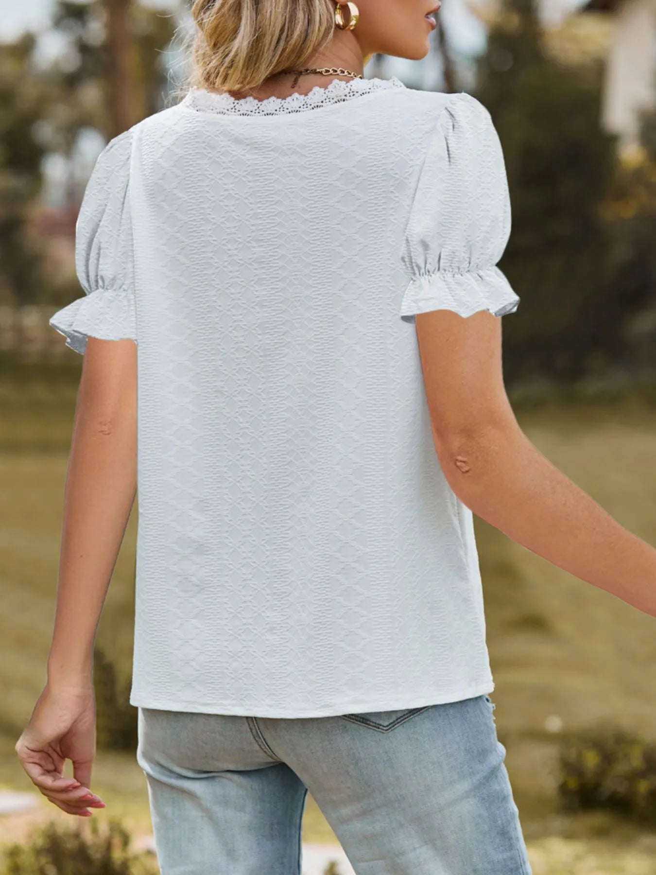 Lace Trim V - Neck Puff Sleeve Blouse designed for comfort and style at Lookzlike
