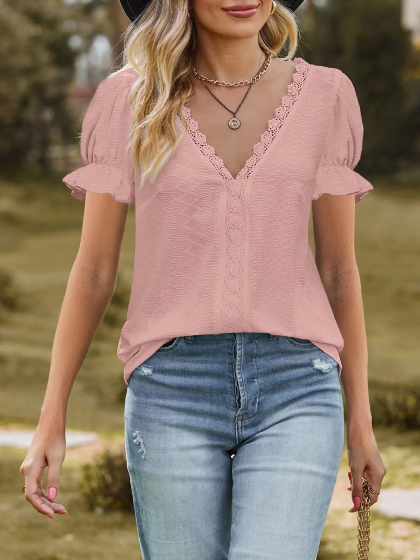 Lace Trim V - Neck Puff Sleeve Blouse designed for comfort and style at Lookzlike