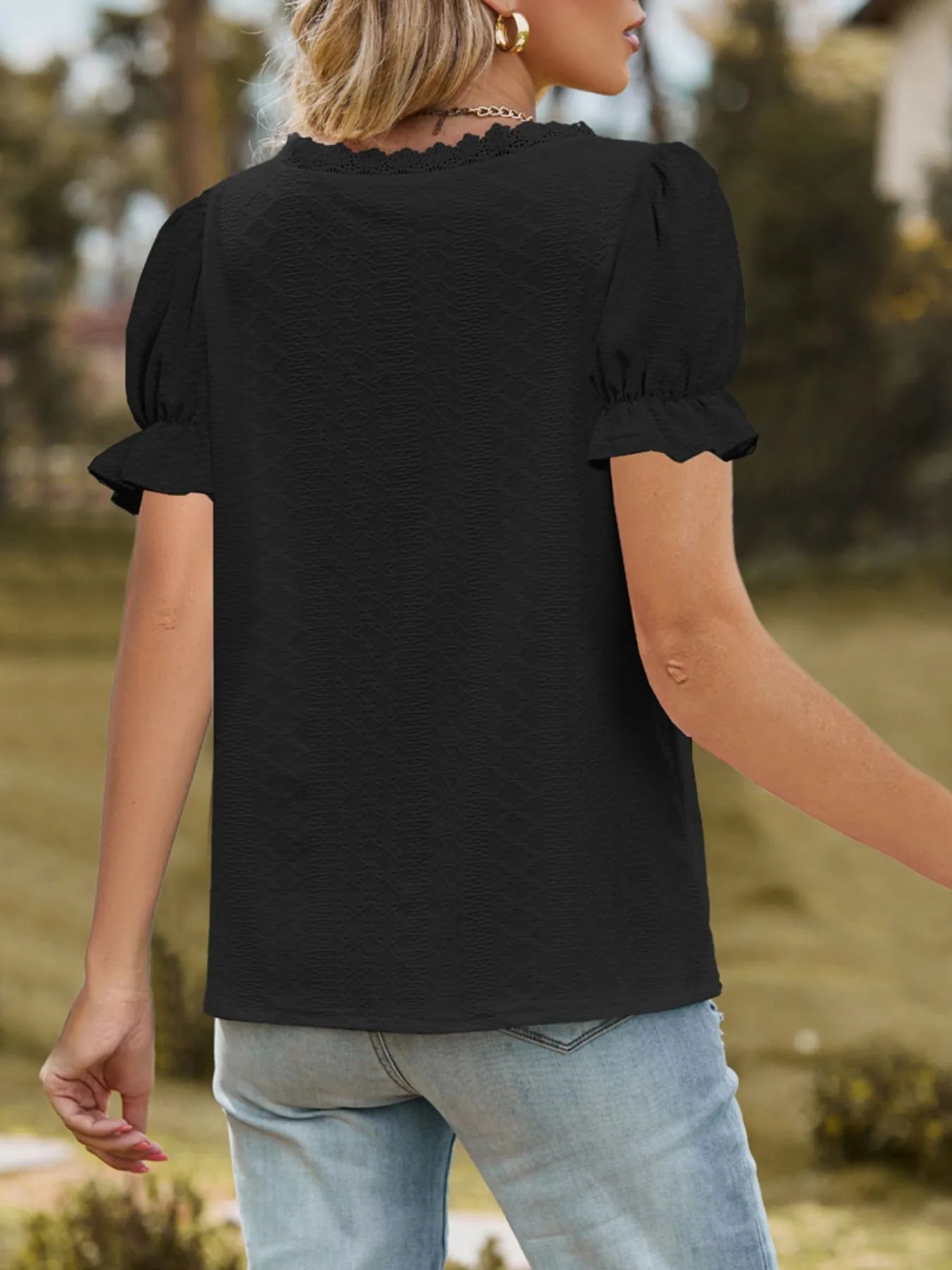 Lace Trim V - Neck Puff Sleeve Blouse designed for comfort and style at Lookzlike