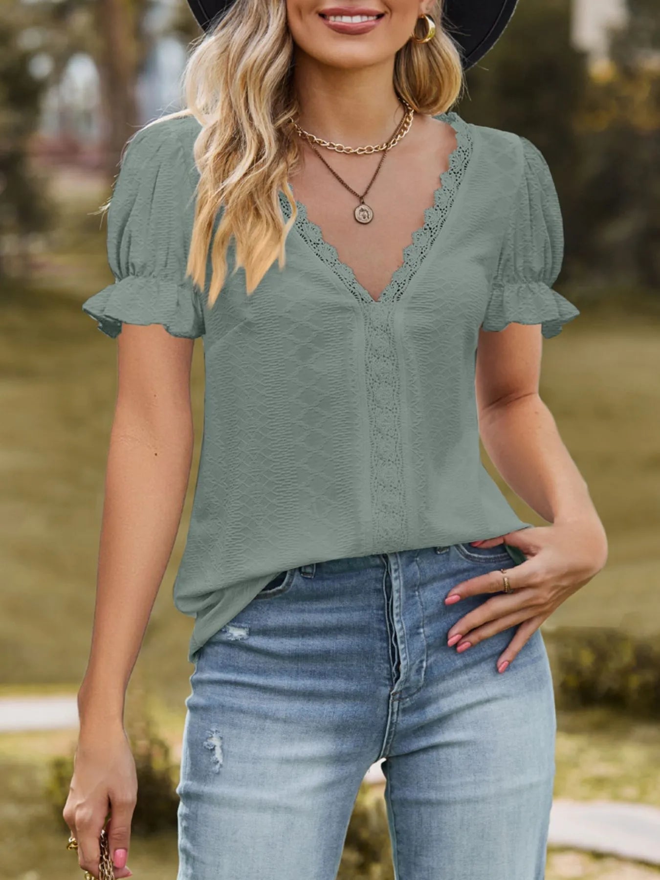 Lace Trim V - Neck Puff Sleeve Blouse designed for comfort and style at Lookzlike