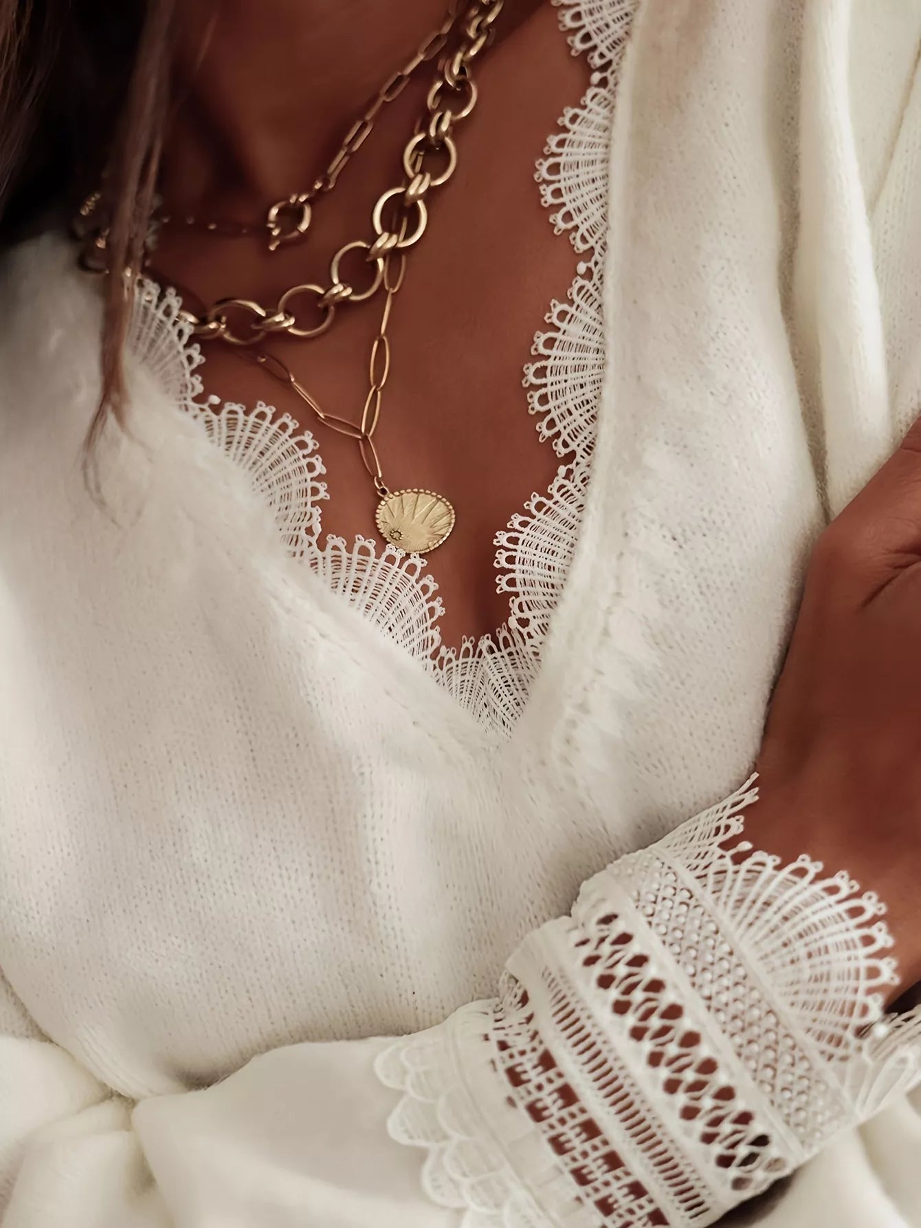 Lace Trim V - Neck Sweater designed for comfort and style at Lookzlike