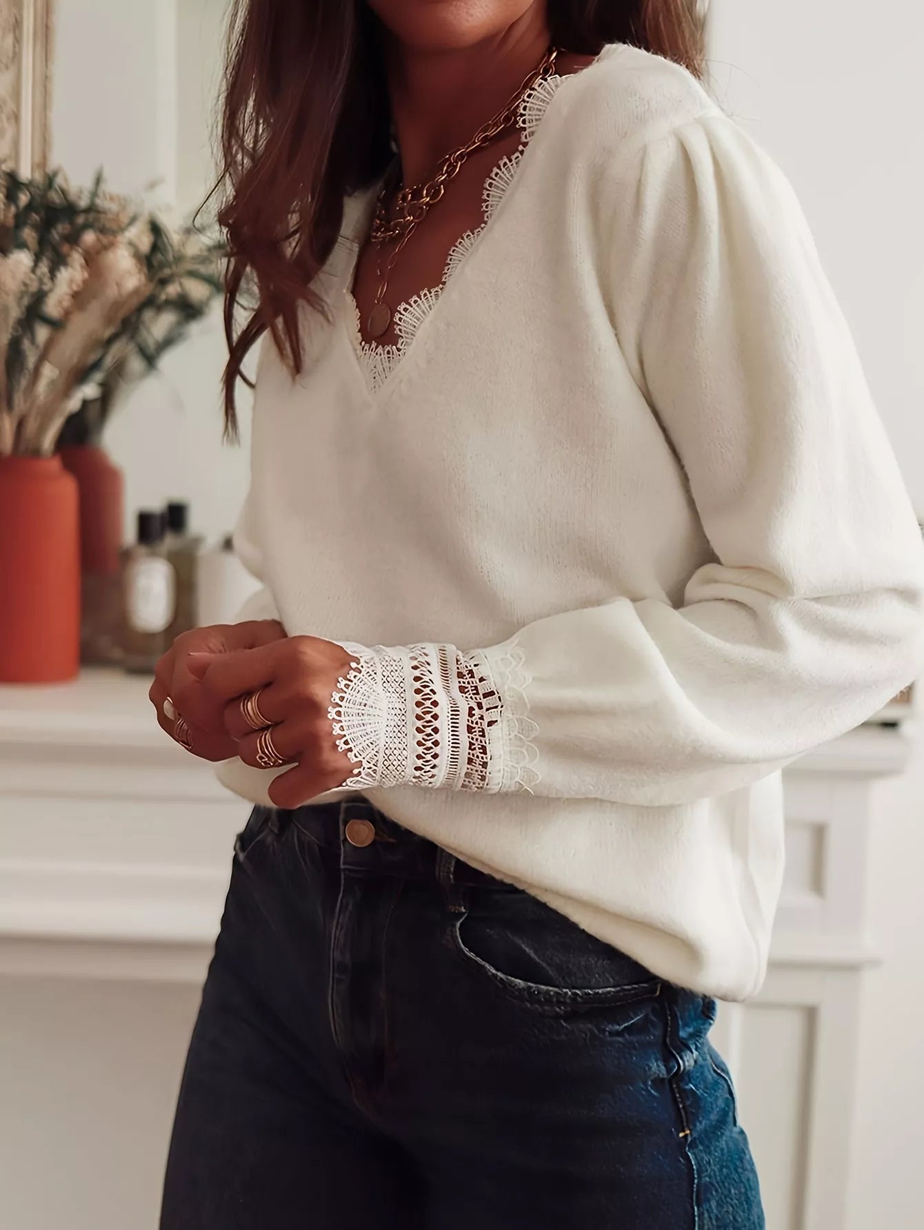 Lace Trim V - Neck Sweater designed for comfort and style at Lookzlike