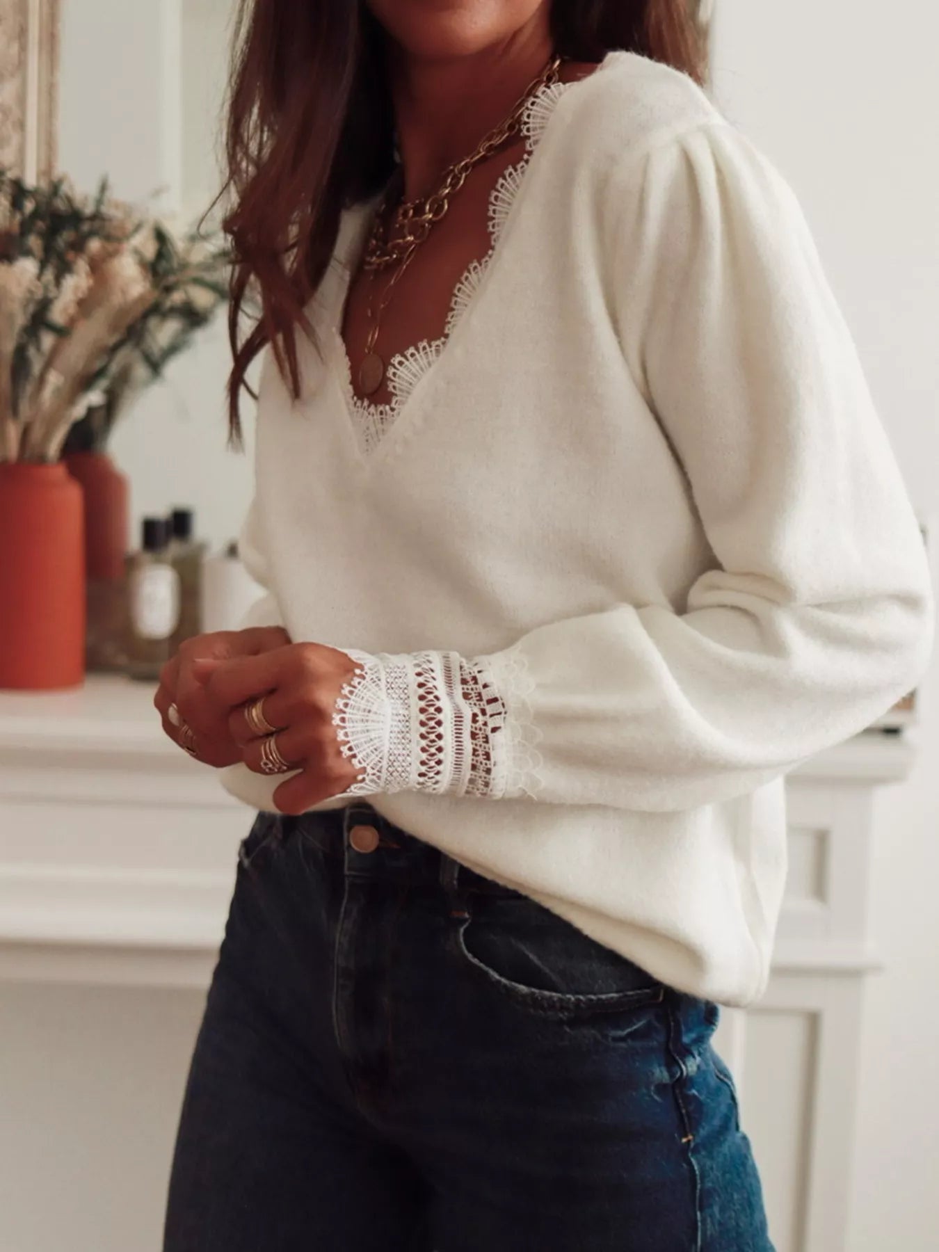 Lace Trim V - Neck Sweater designed for comfort and style at Lookzlike