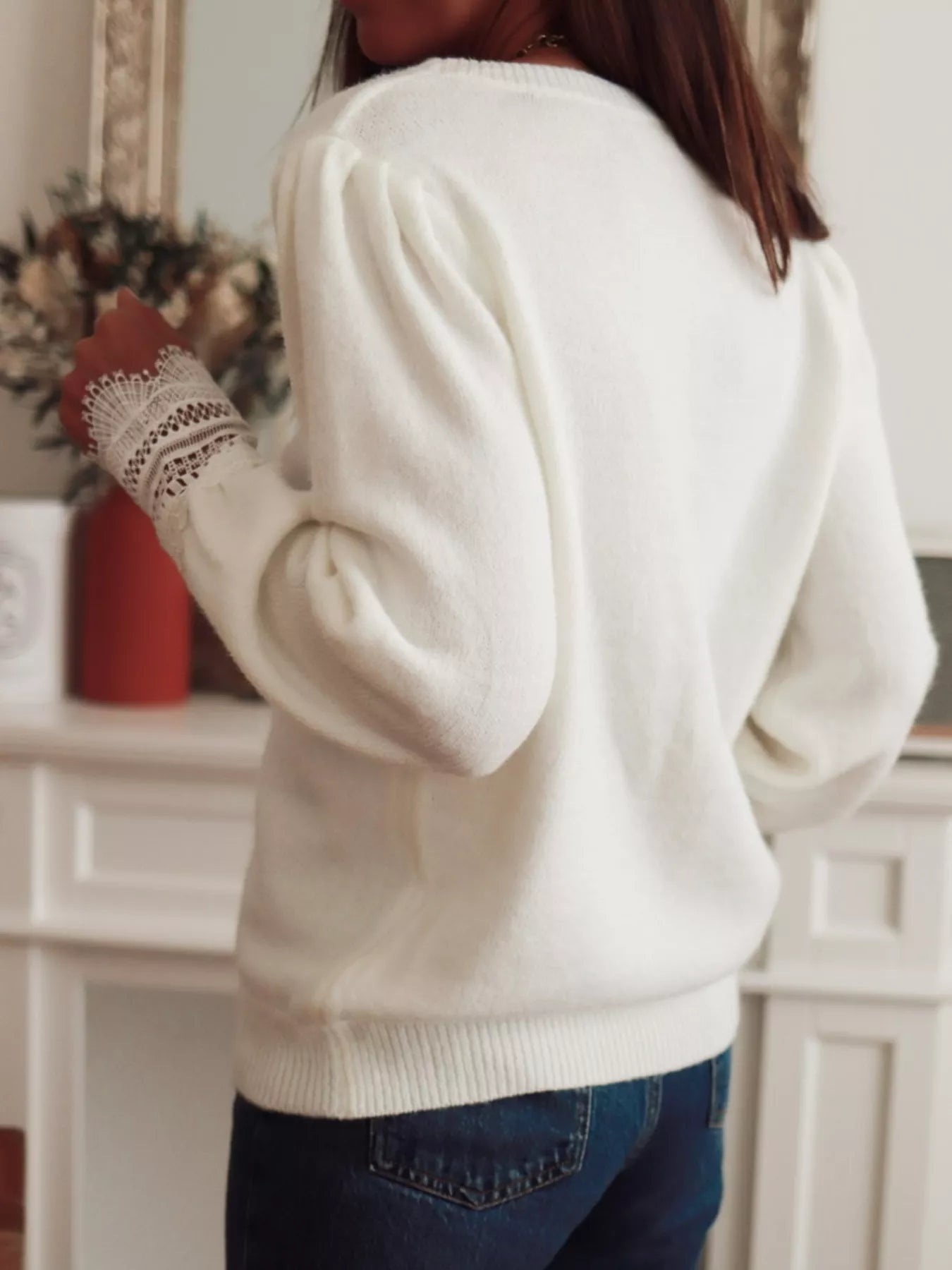 Lace Trim V - Neck Sweater designed for comfort and style at Lookzlike