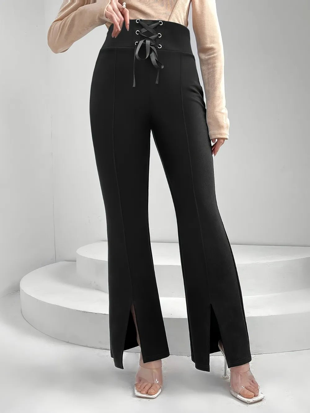 Lace Up Slit Bootcut Pants - Lookzlike
