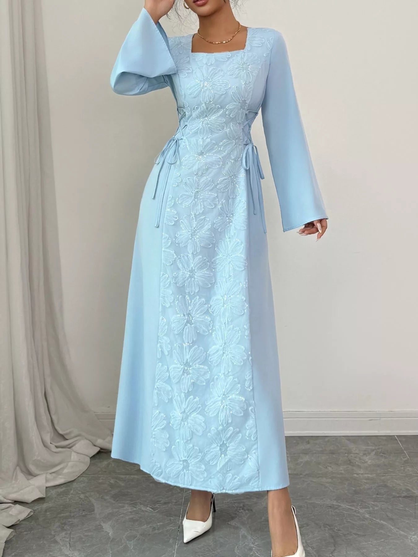 Lace Up Square Neck Long Sleeve Maxi Dress designed for comfort and style at Lookzlike