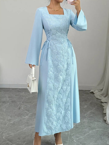 Lace Up Square Neck Long Sleeve Maxi Dress designed for comfort and style at Lookzlike
