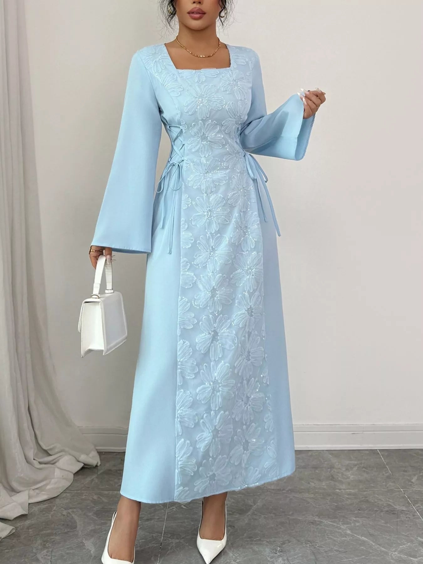 Lace Up Square Neck Long Sleeve Maxi Dress designed for comfort and style at Lookzlike