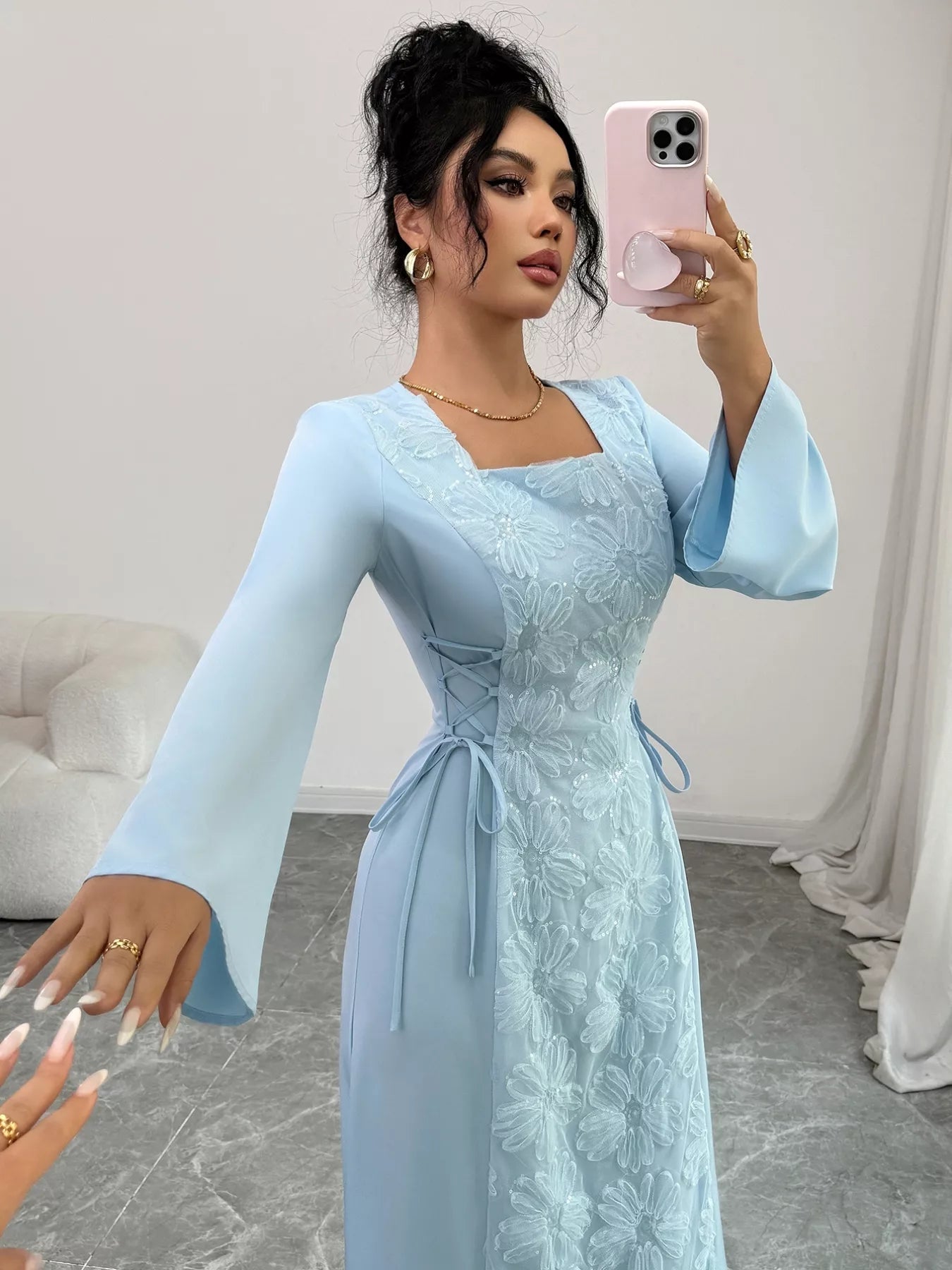 Lace Up Square Neck Long Sleeve Maxi Dress designed for comfort and style at Lookzlike