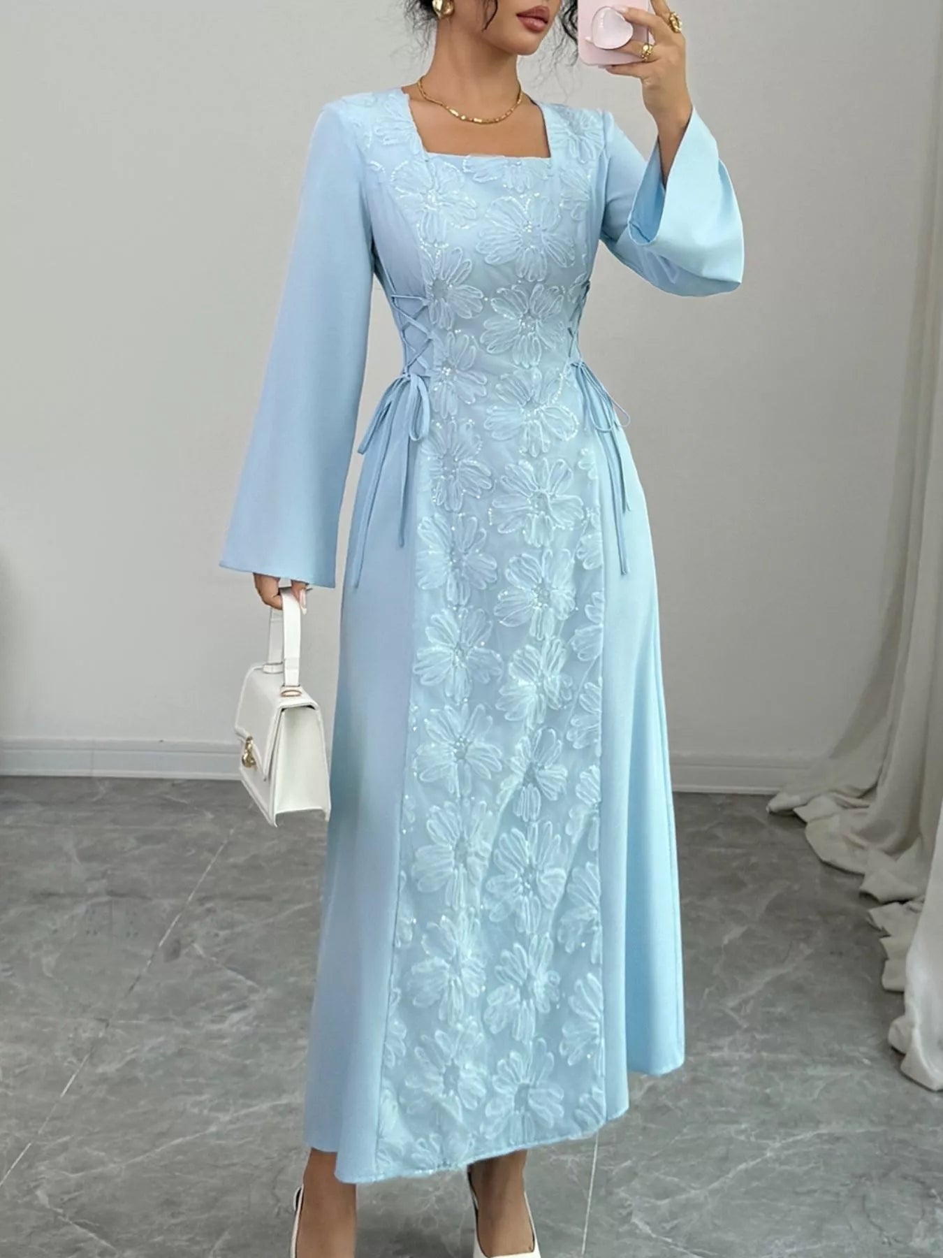Lace Up Square Neck Long Sleeve Maxi Dress designed for comfort and style at Lookzlike