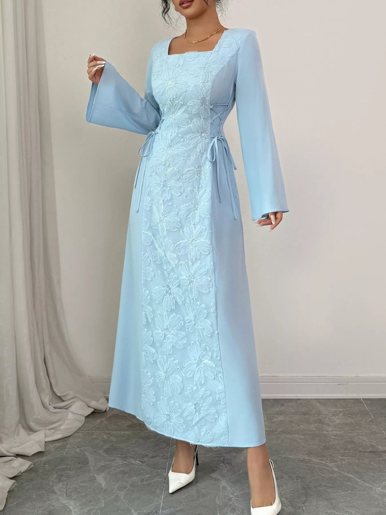 Lace Up Square Neck Long Sleeve Maxi Dress designed for comfort and style at Lookzlike