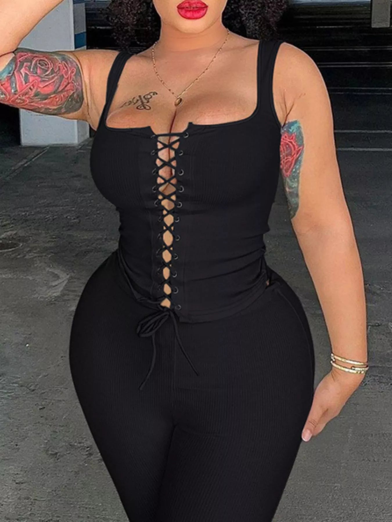 Lace-Up Tank and Capris Set designed for comfort and style at Lookzlike