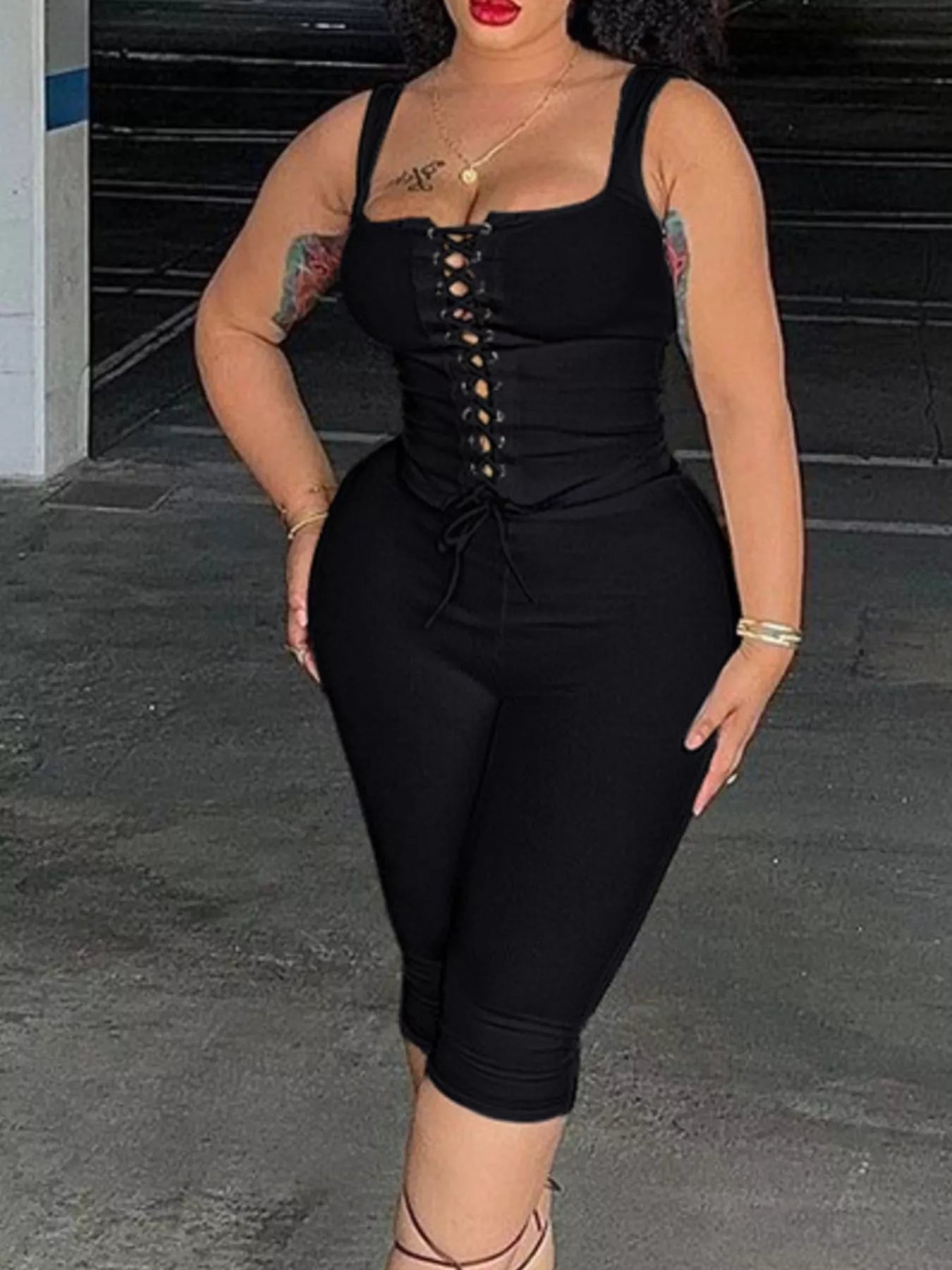 Lace-Up Tank and Capris Set designed for comfort and style at Lookzlike