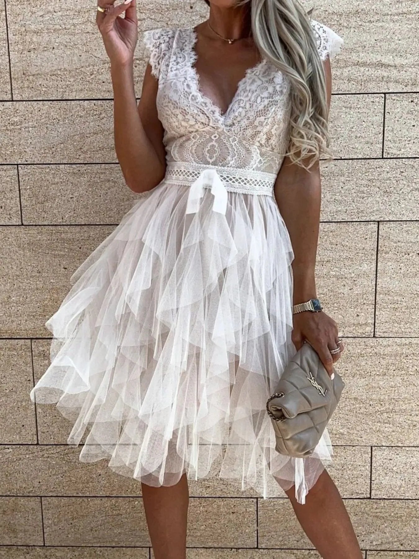 Lace V-Neck Ruffle Dress - Lookzlike