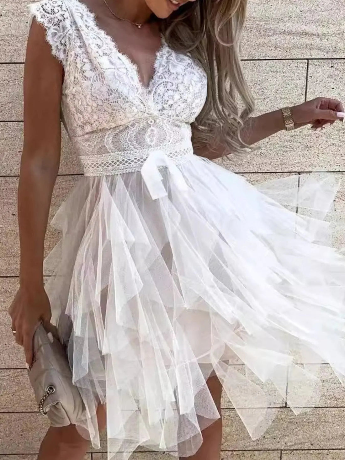 Lace V-Neck Ruffle Dress - Lookzlike