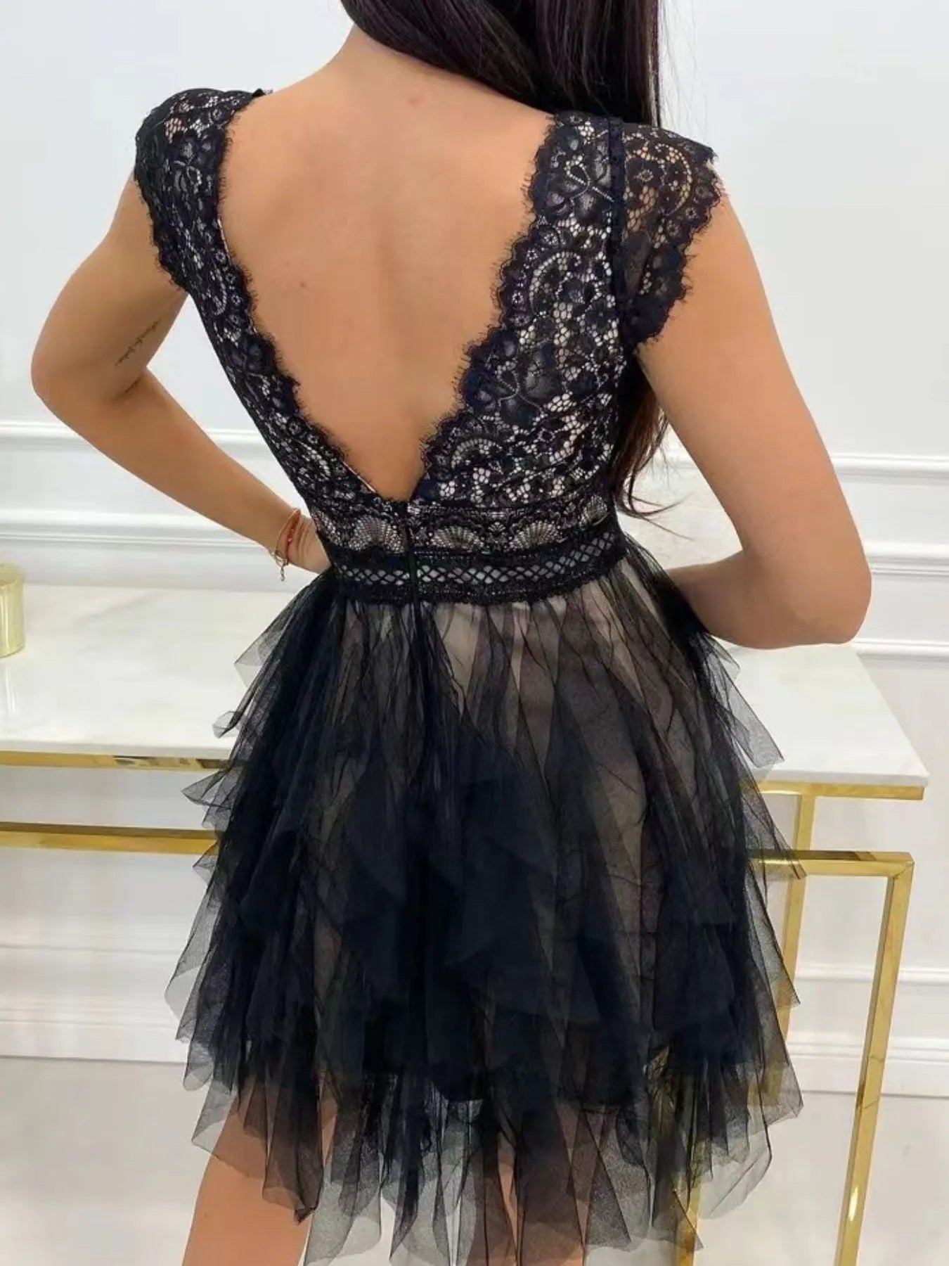 Lace V-Neck Ruffle Dress - Lookzlike