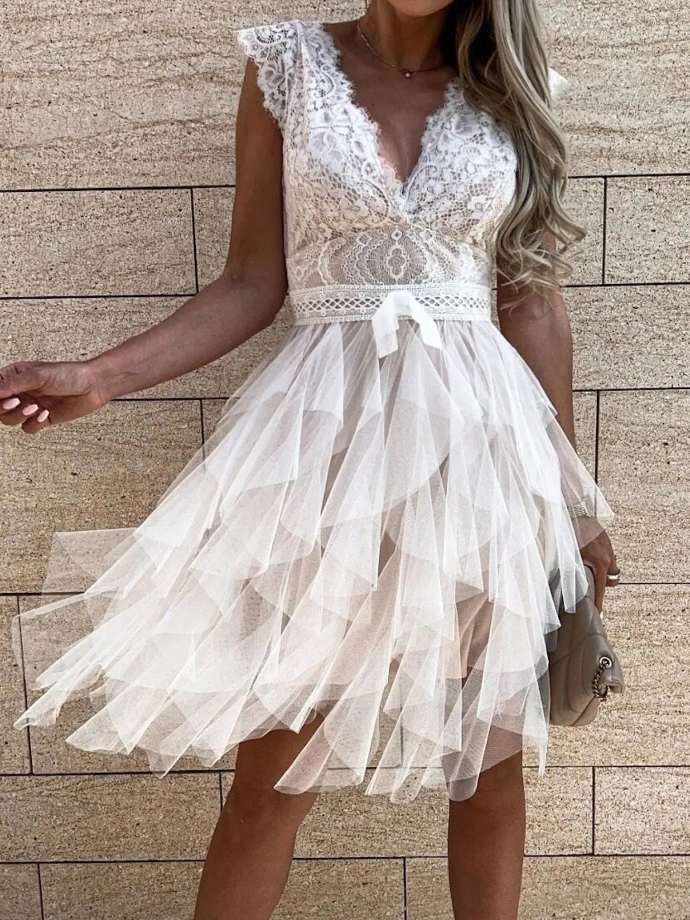 Lace V-Neck Ruffle Dress - Lookzlike