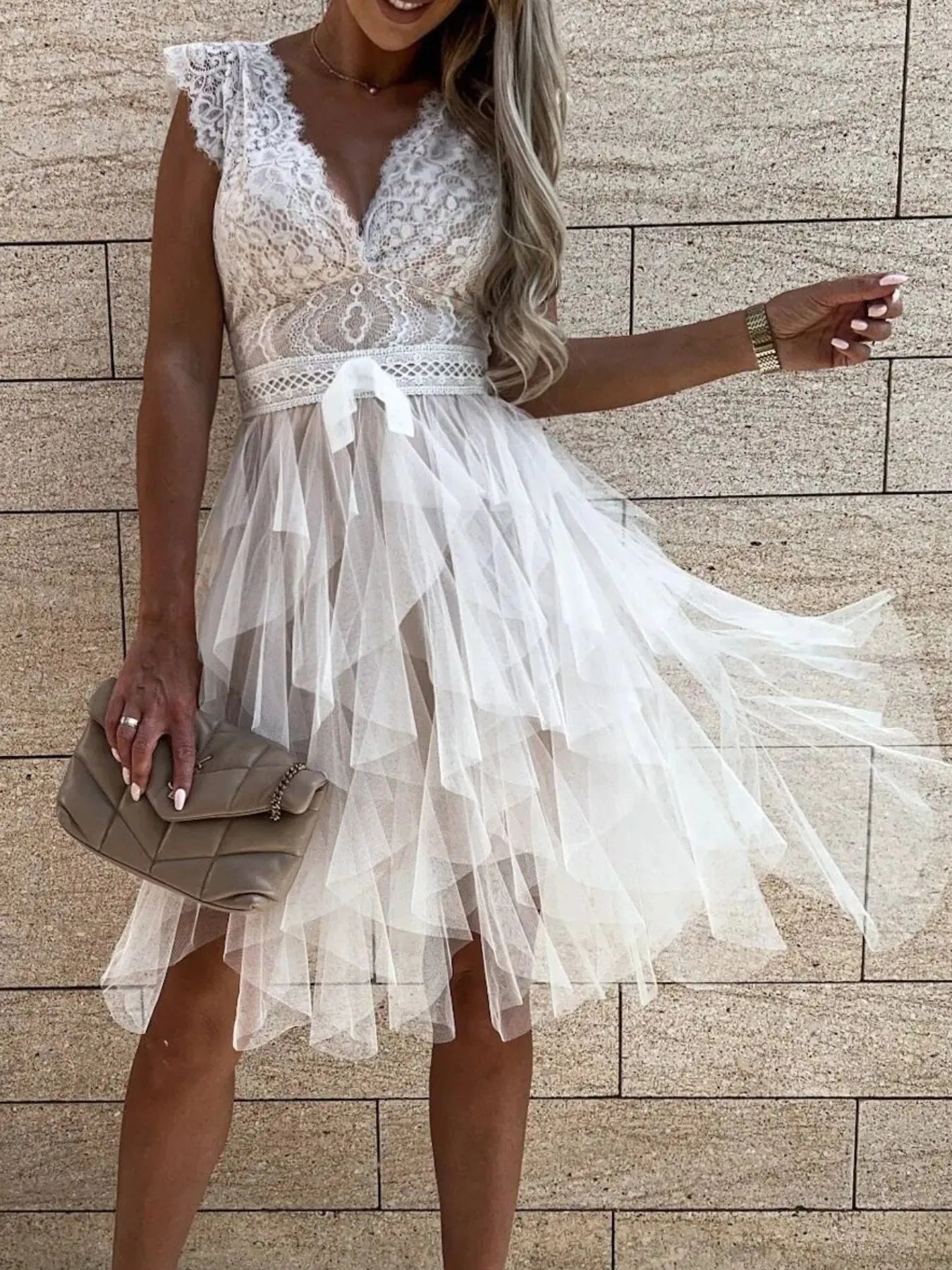 Lace V-Neck Ruffle Dress - Lookzlike