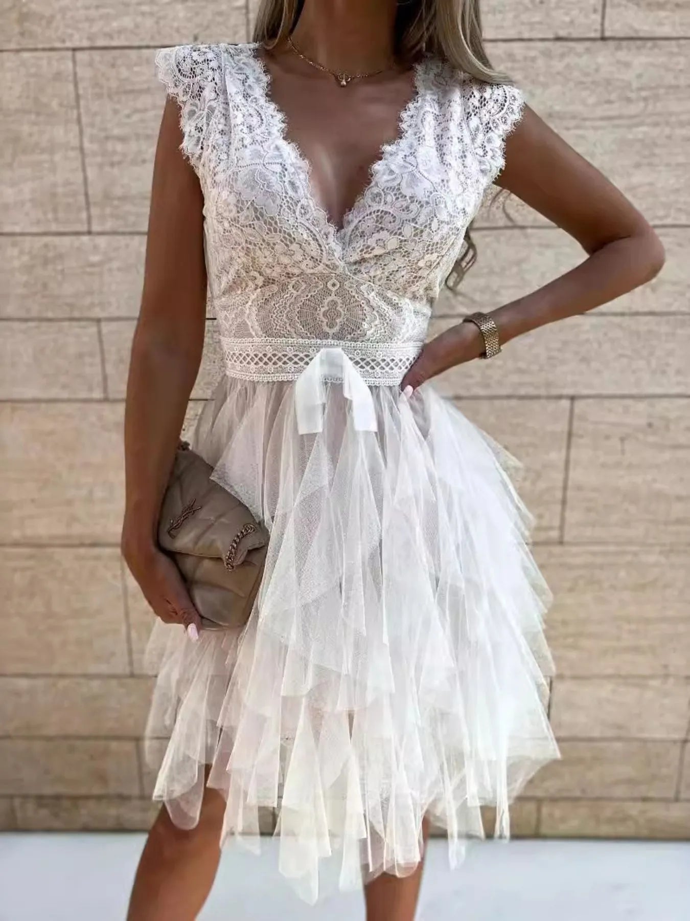 Lace V-Neck Ruffle Dress - Lookzlike