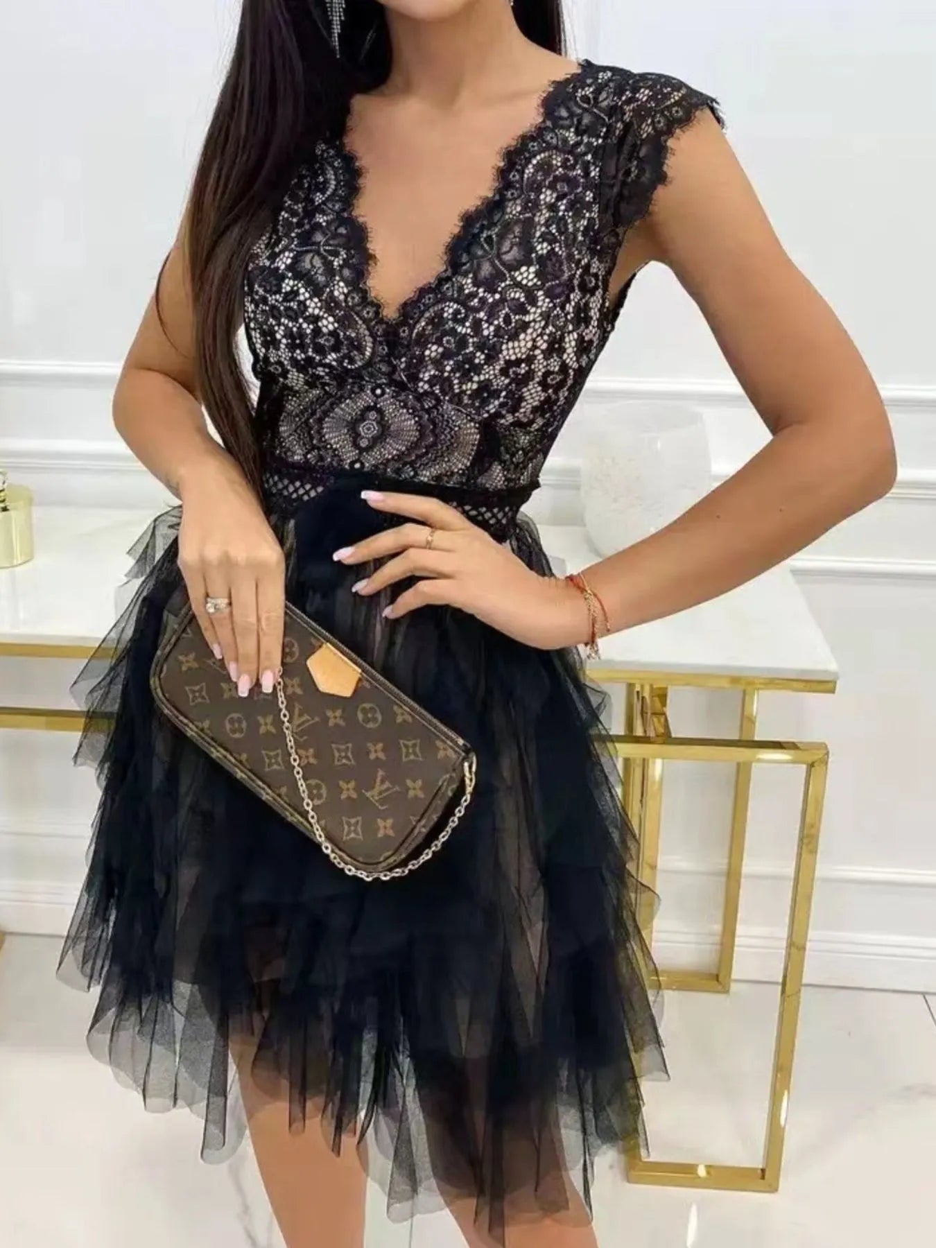 Lace V-Neck Ruffle Dress - Lookzlike
