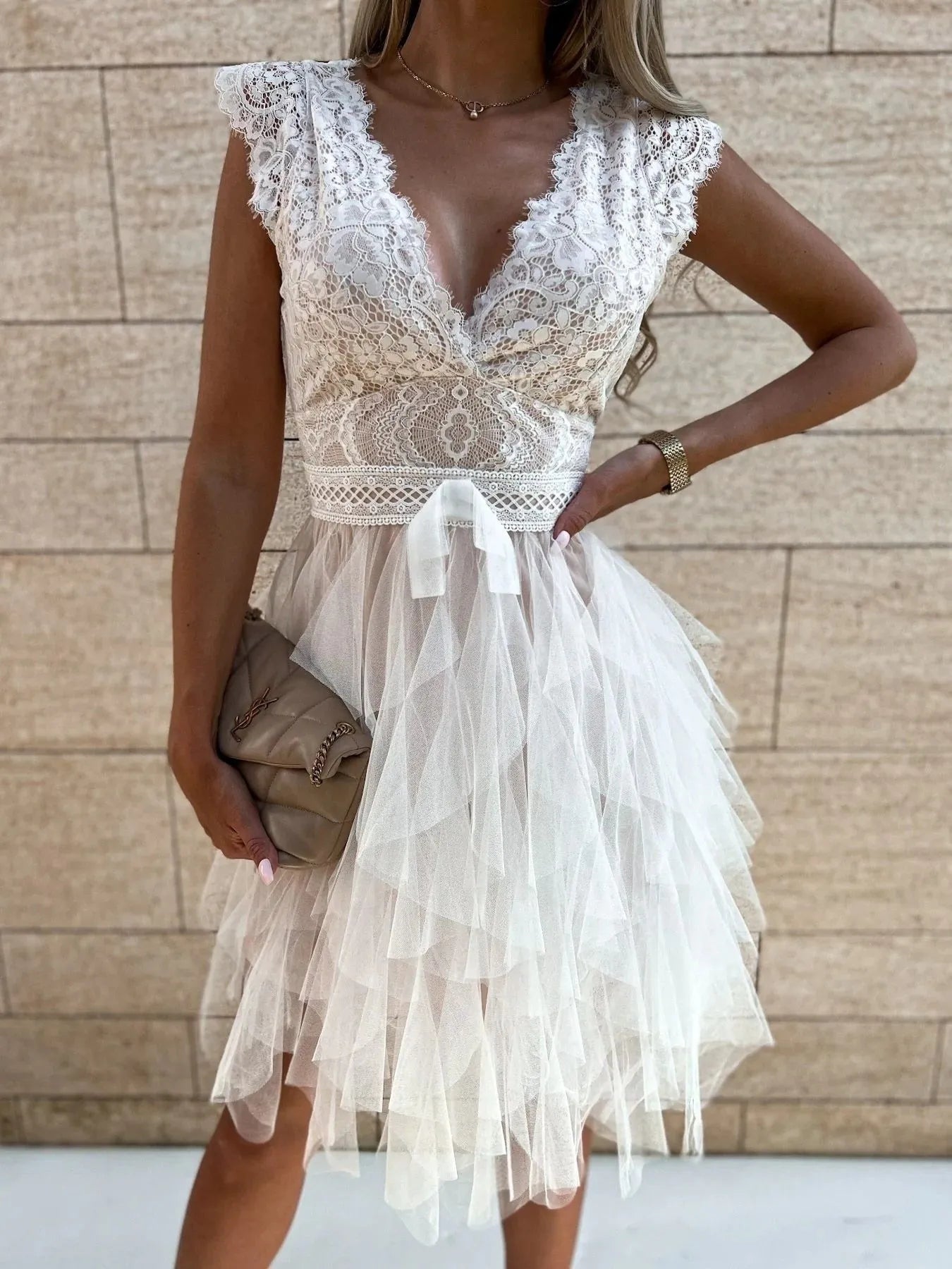 Lace V-Neck Ruffle Dress - Lookzlike