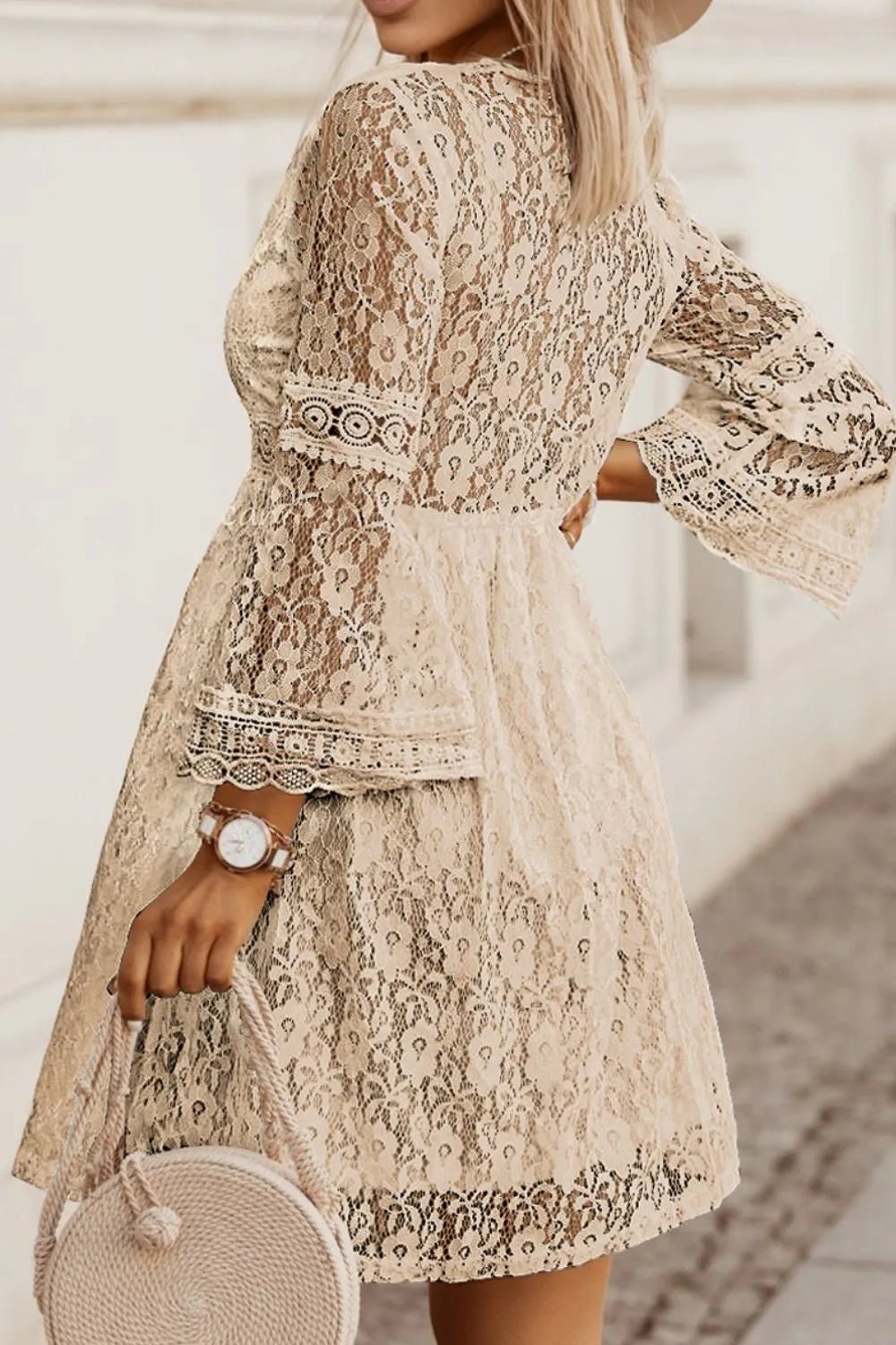 Lace V-Neck Three-Quarter Sleeve Dress - Lookzlike