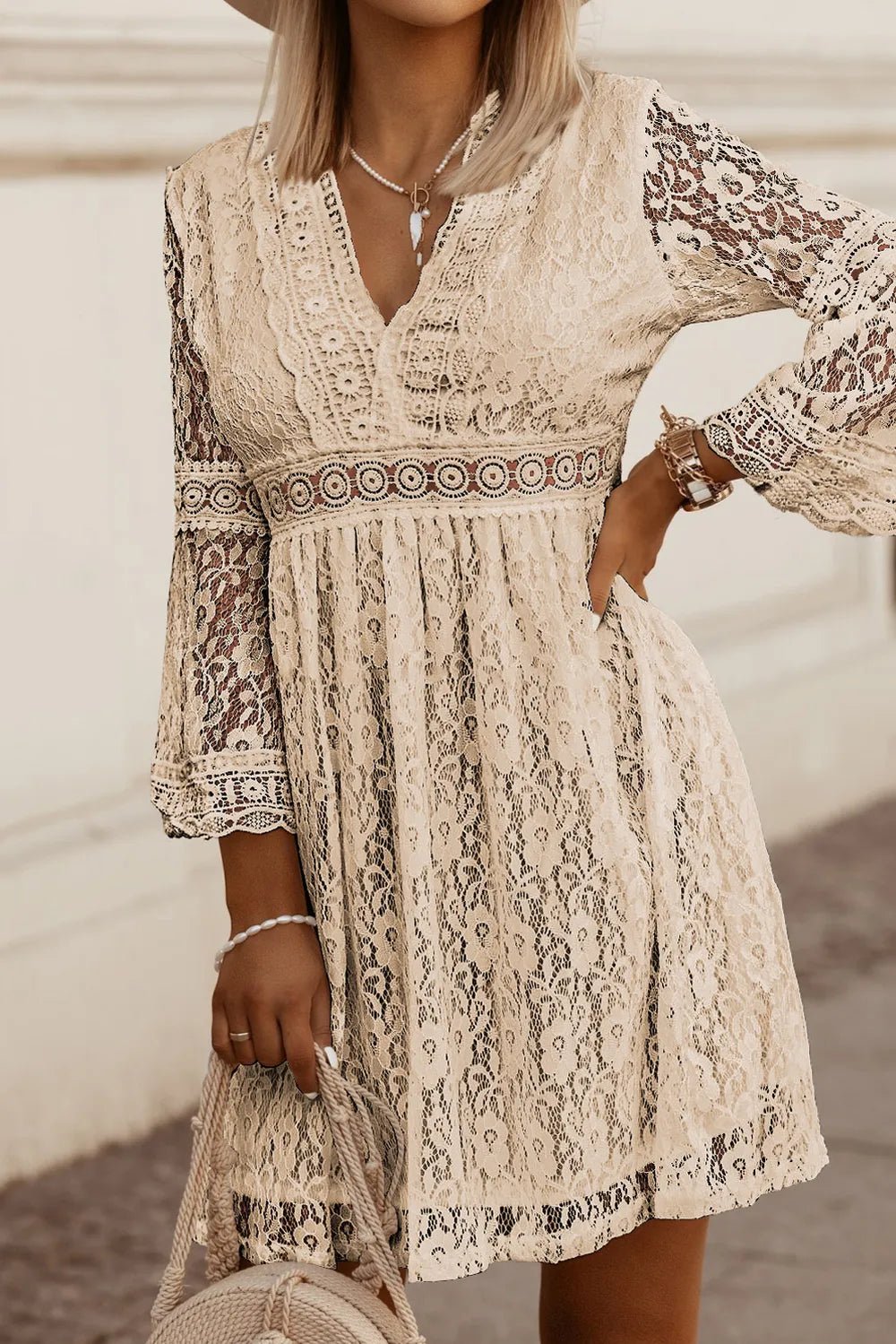 Lace V-Neck Three-Quarter Sleeve Dress - Lookzlike