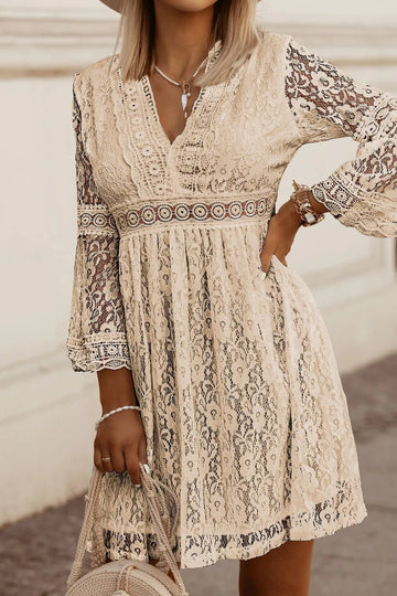 Lace V-Neck Three-Quarter Sleeve Dress - Lookzlike