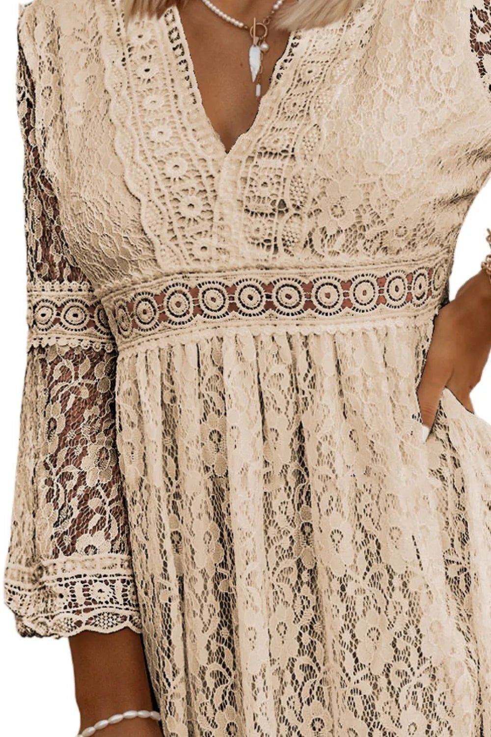 Lace V-Neck Three-Quarter Sleeve Dress - Lookzlike