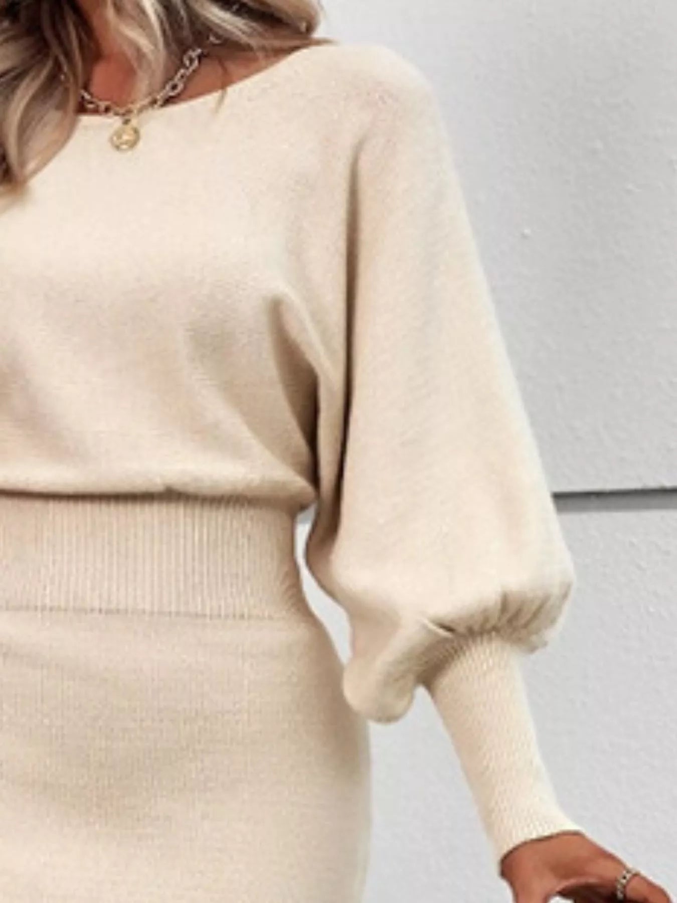 Lantern Sleeve Bodycon Sweater Dress designed for comfort and style at Lookzlike