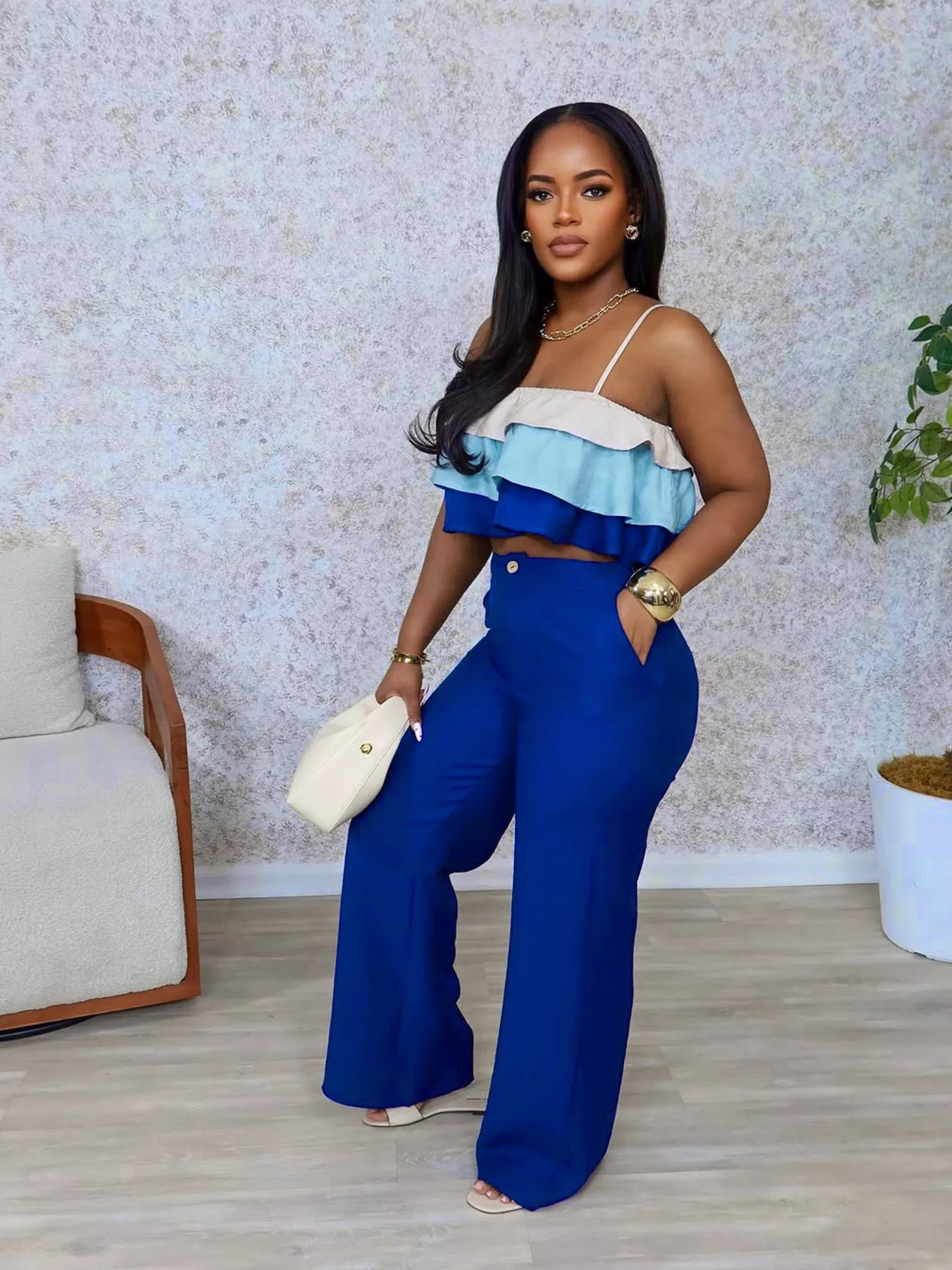Layered Ruffle Crop Top and Pants Set designed for comfort and style at Lookzlike