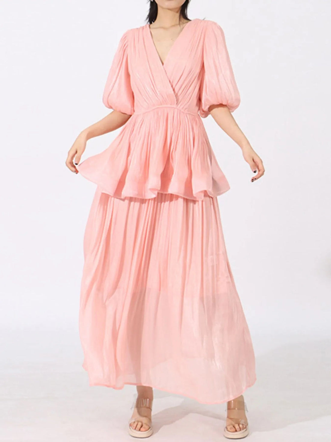 Layered Surplice Puff Sleeve Maxi Dress designed for comfort and style at Lookzlike