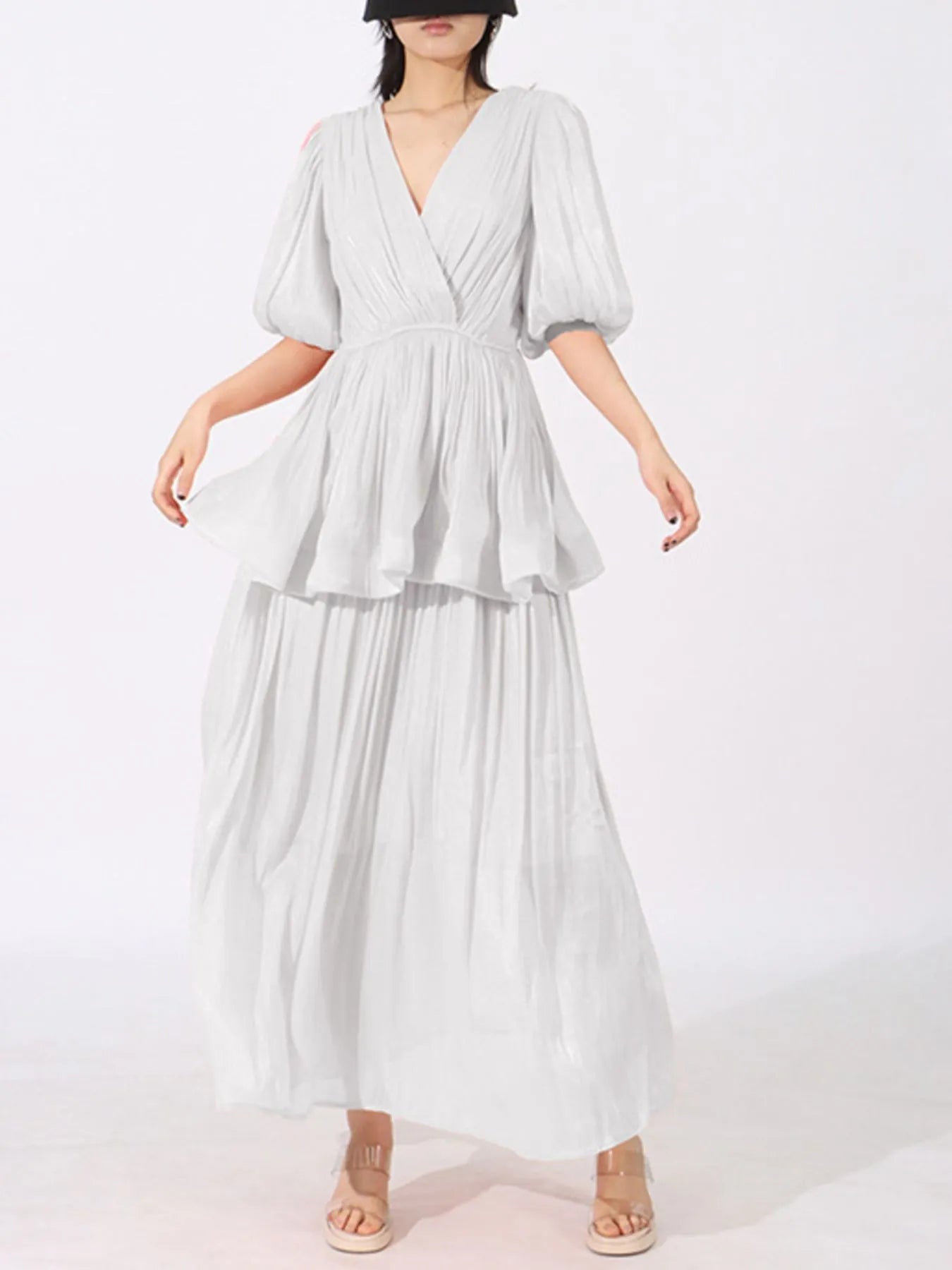 Layered Surplice Puff Sleeve Maxi Dress designed for comfort and style at Lookzlike