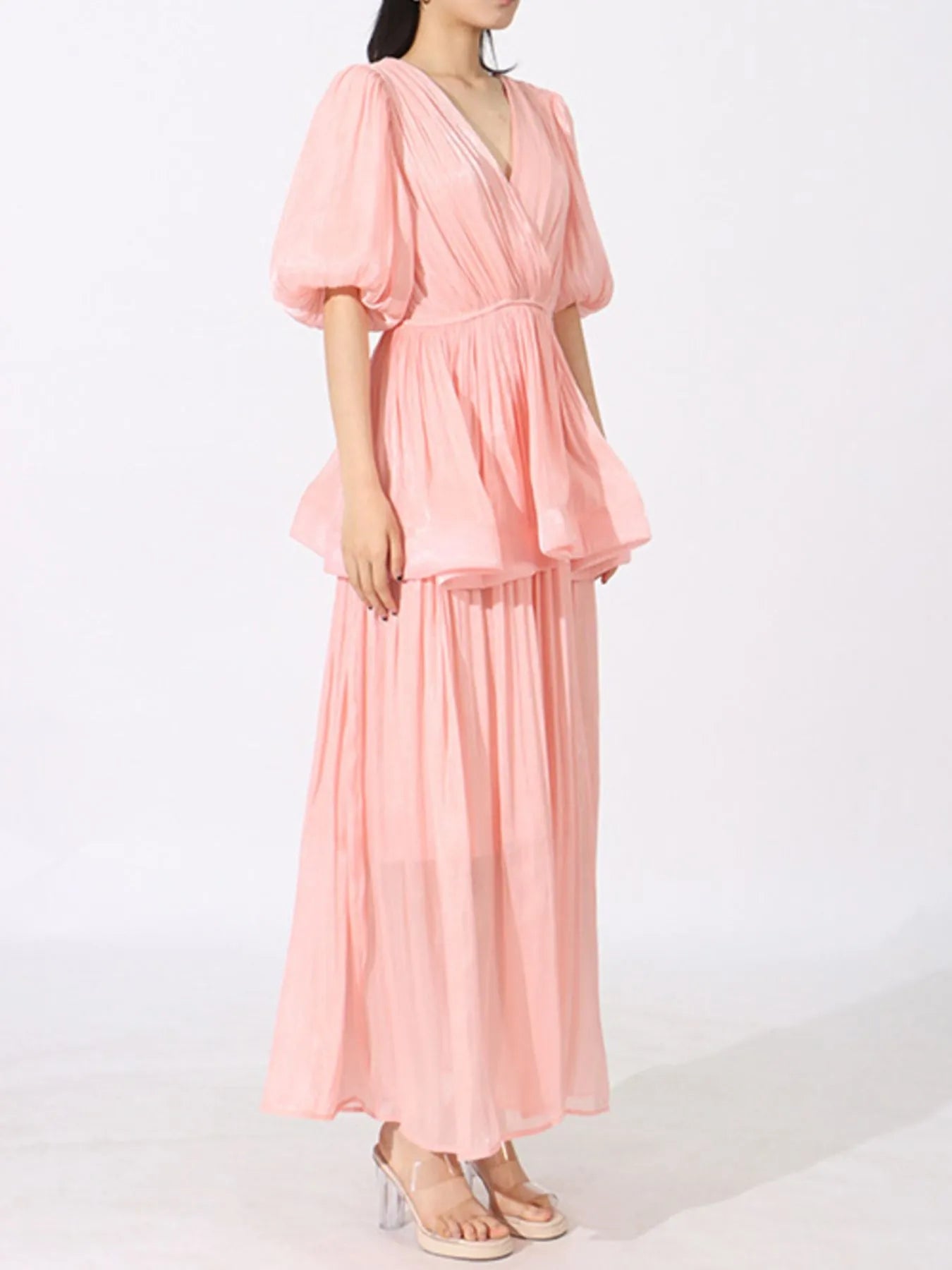 Layered Surplice Puff Sleeve Maxi Dress designed for comfort and style at Lookzlike