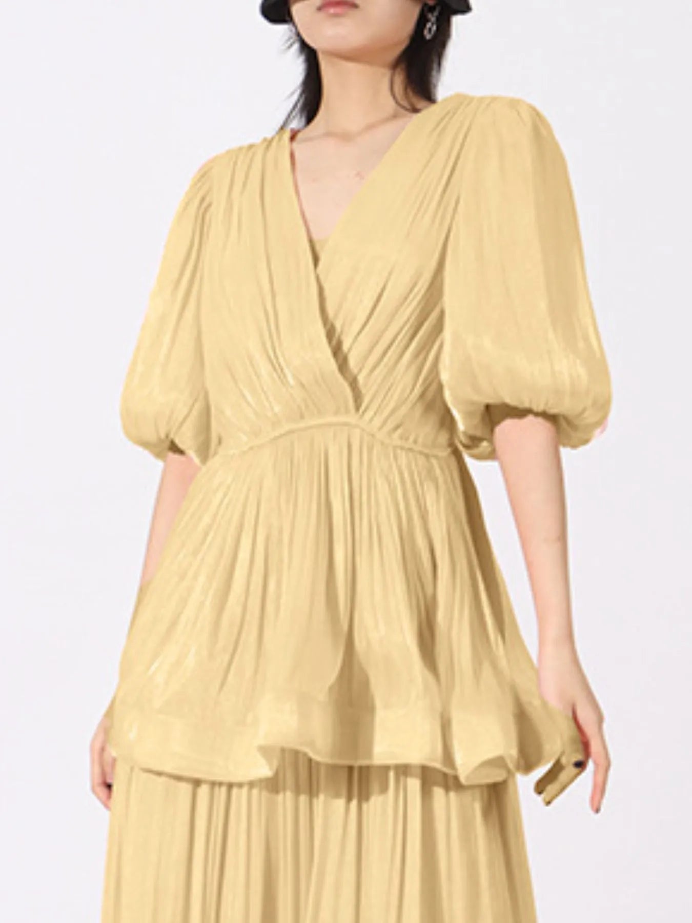 Layered Surplice Puff Sleeve Maxi Dress designed for comfort and style at Lookzlike