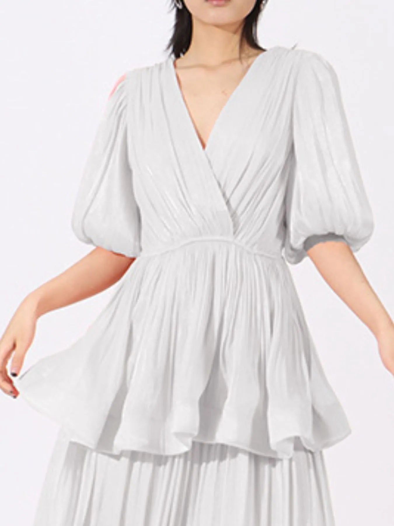 Layered Surplice Puff Sleeve Maxi Dress designed for comfort and style at Lookzlike