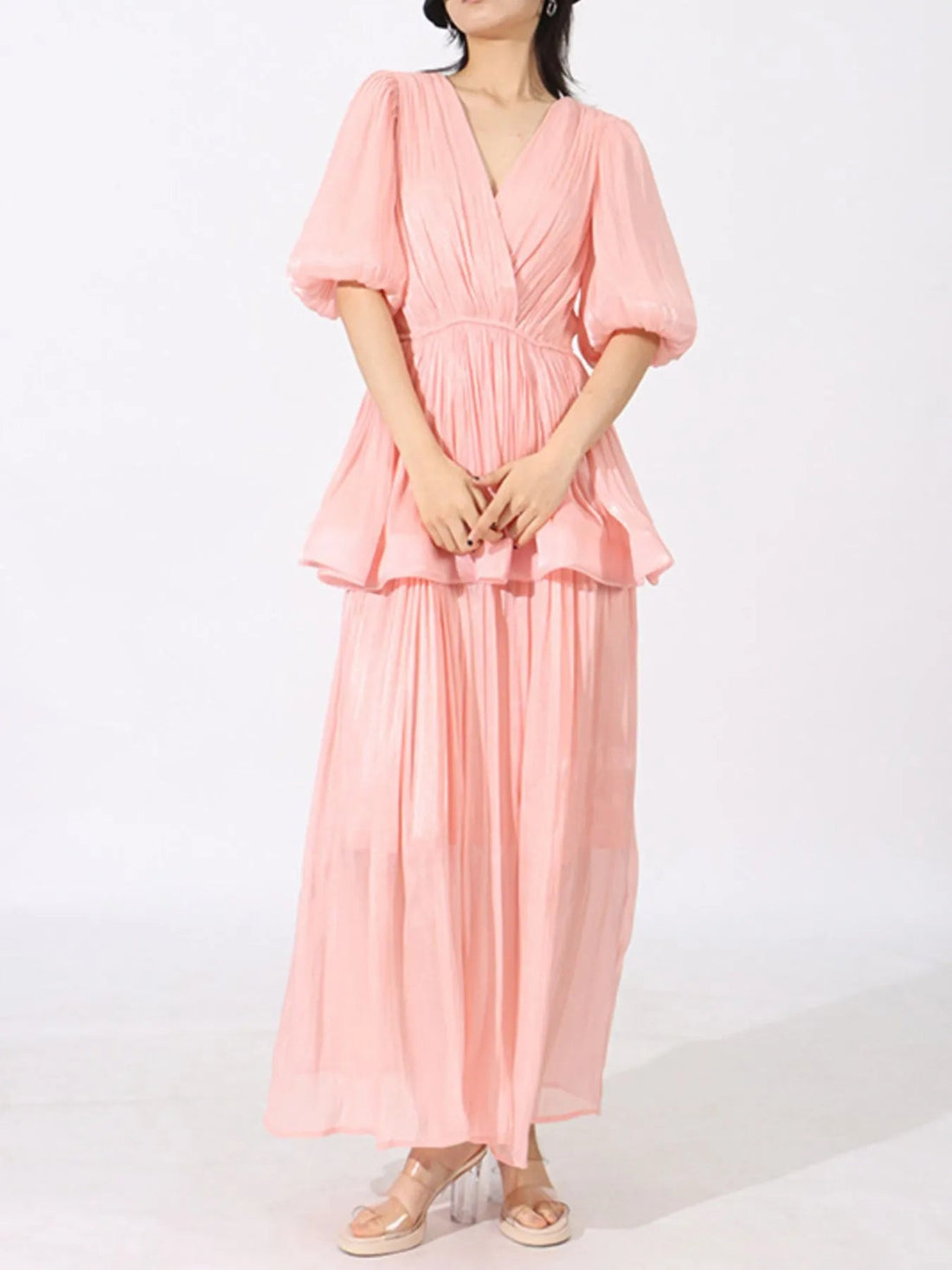 Layered Surplice Puff Sleeve Maxi Dress designed for comfort and style at Lookzlike