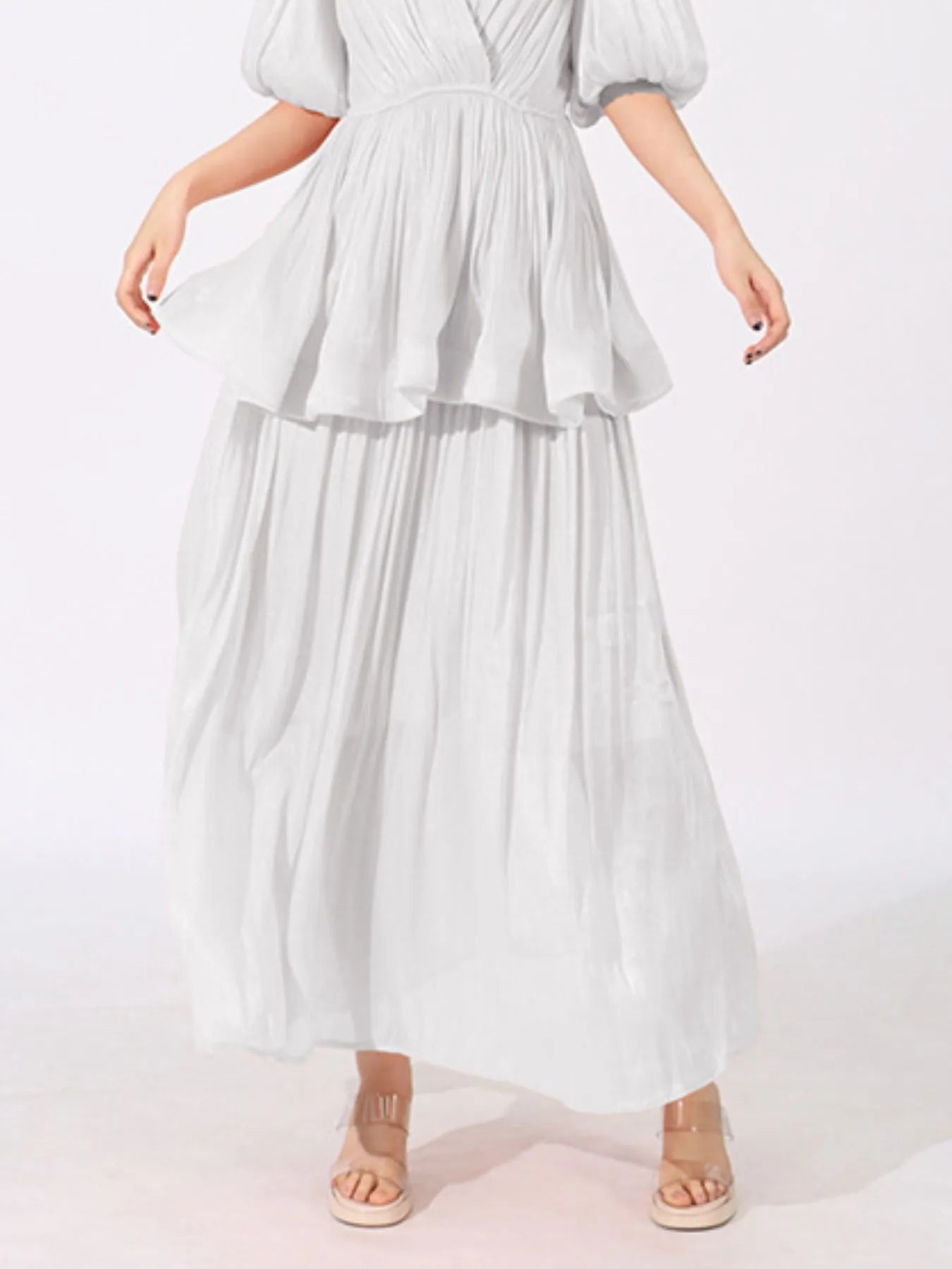 Layered Surplice Puff Sleeve Maxi Dress designed for comfort and style at Lookzlike