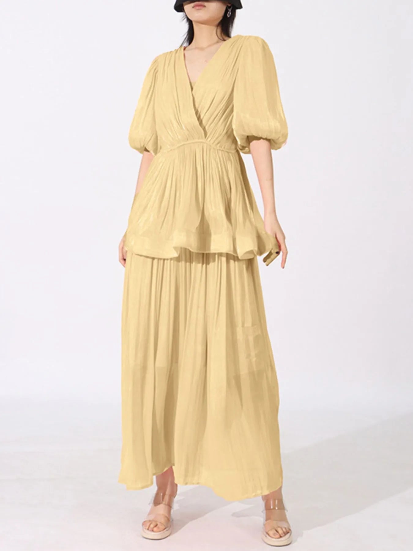 Layered Surplice Puff Sleeve Maxi Dress designed for comfort and style at Lookzlike