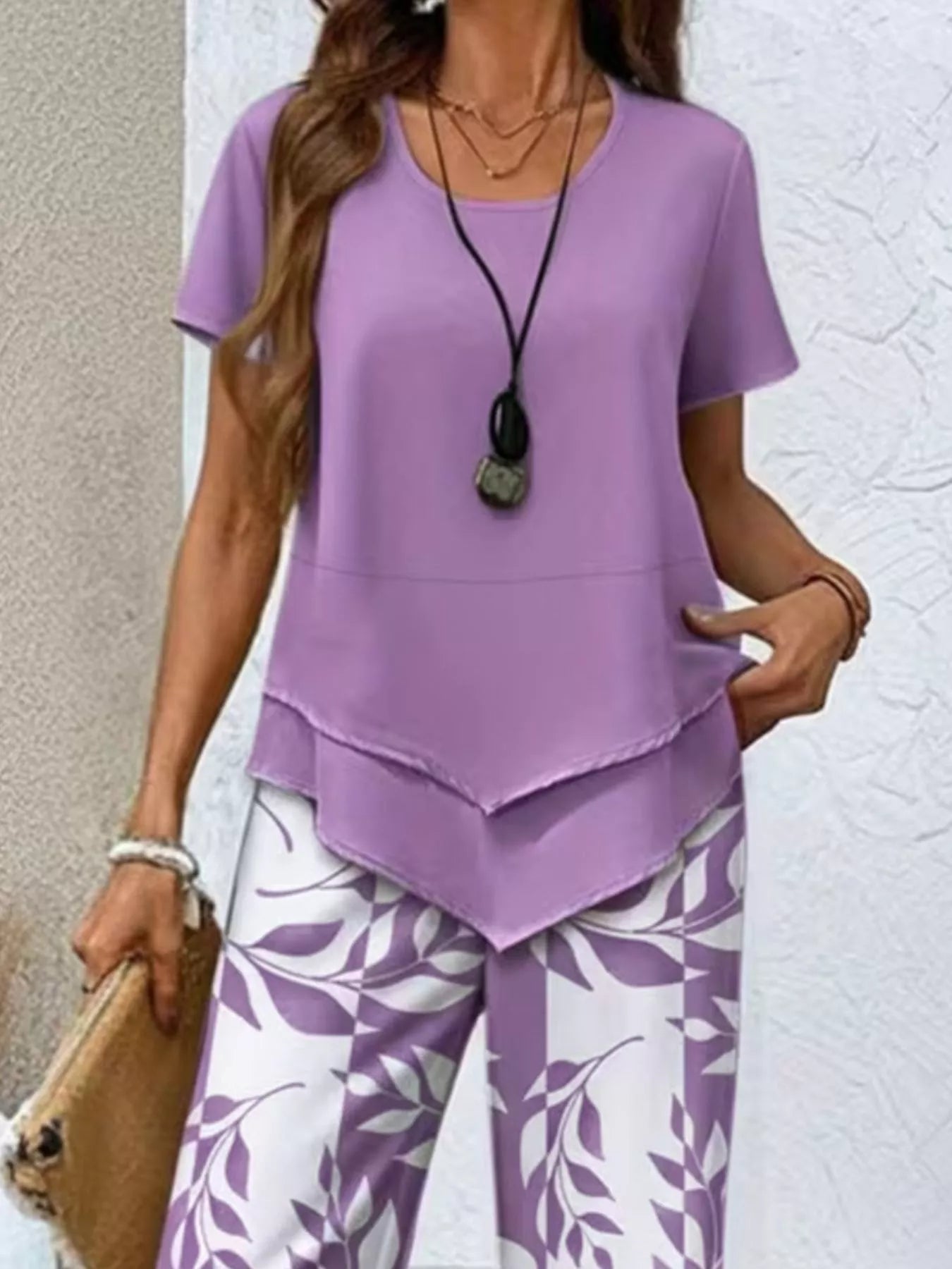 Layered Top and Leaf Print Cropped Pants Set designed for comfort and style at Lookzlike