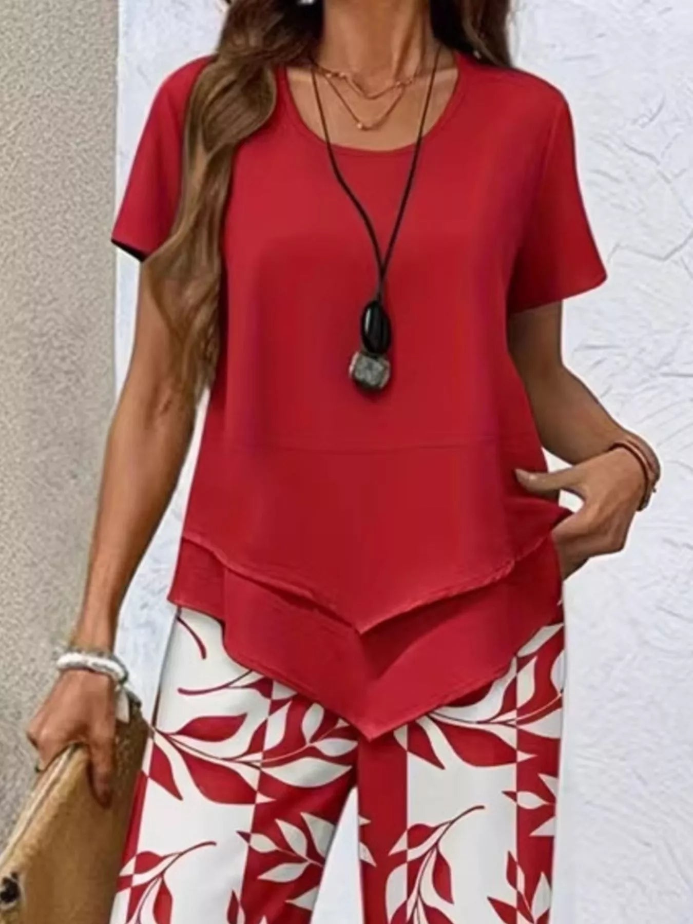 Layered Top and Leaf Print Cropped Pants Set designed for comfort and style at Lookzlike