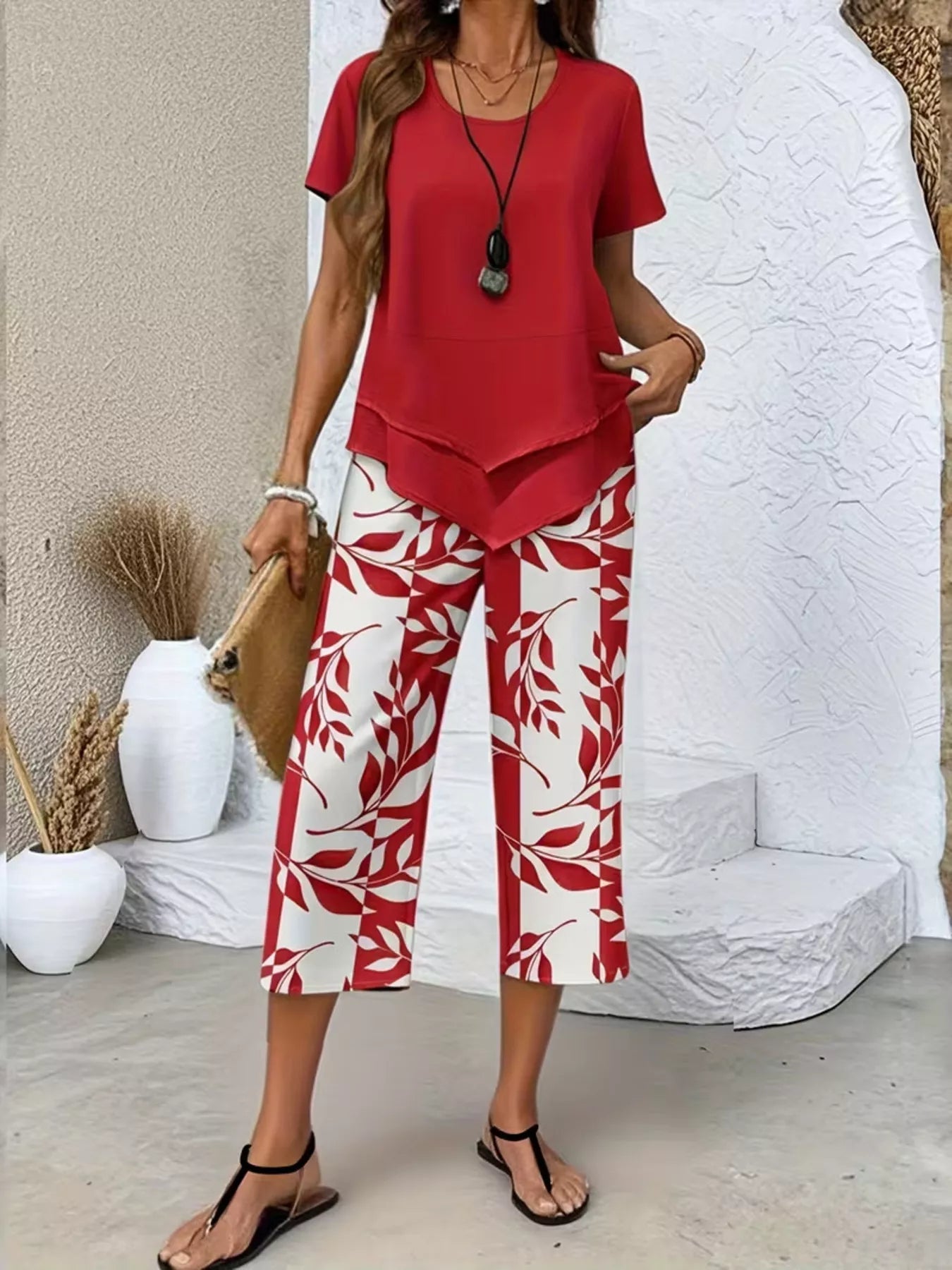 Layered Top and Leaf Print Cropped Pants Set designed for comfort and style at Lookzlike
