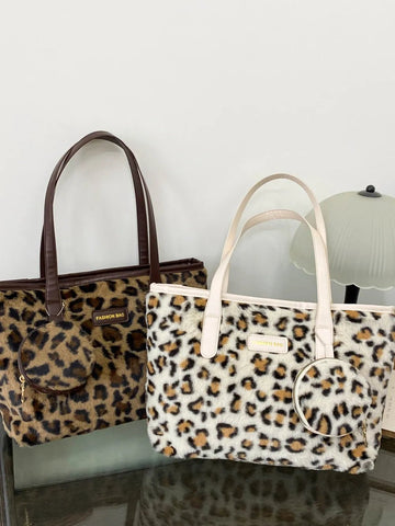 Leopard Faux Fur Tote Bag with Coin Purse - Lookzlike