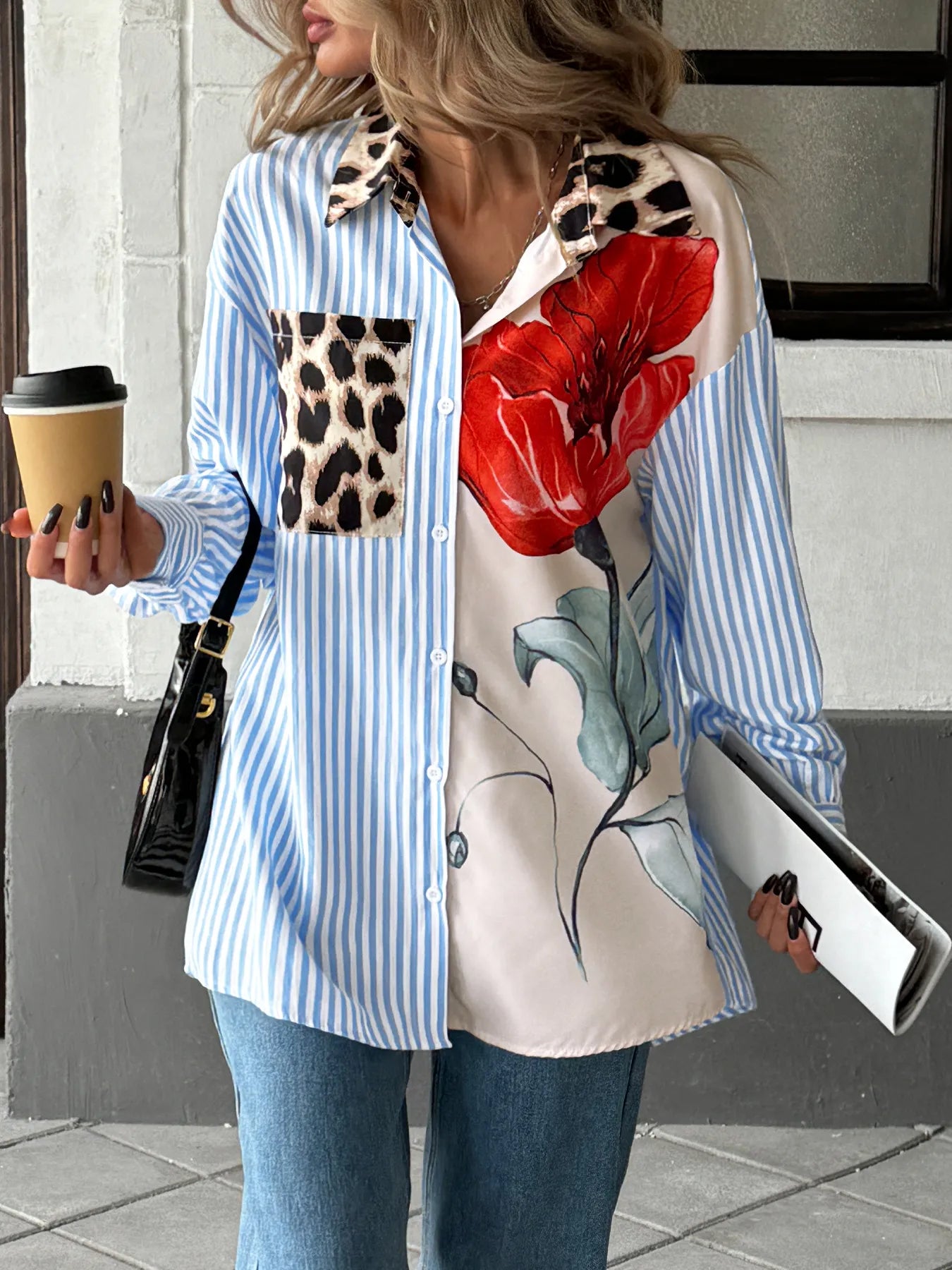 Leopard Floral Striped Casual Button - Up Shirt designed for comfort and style at Lookzlike